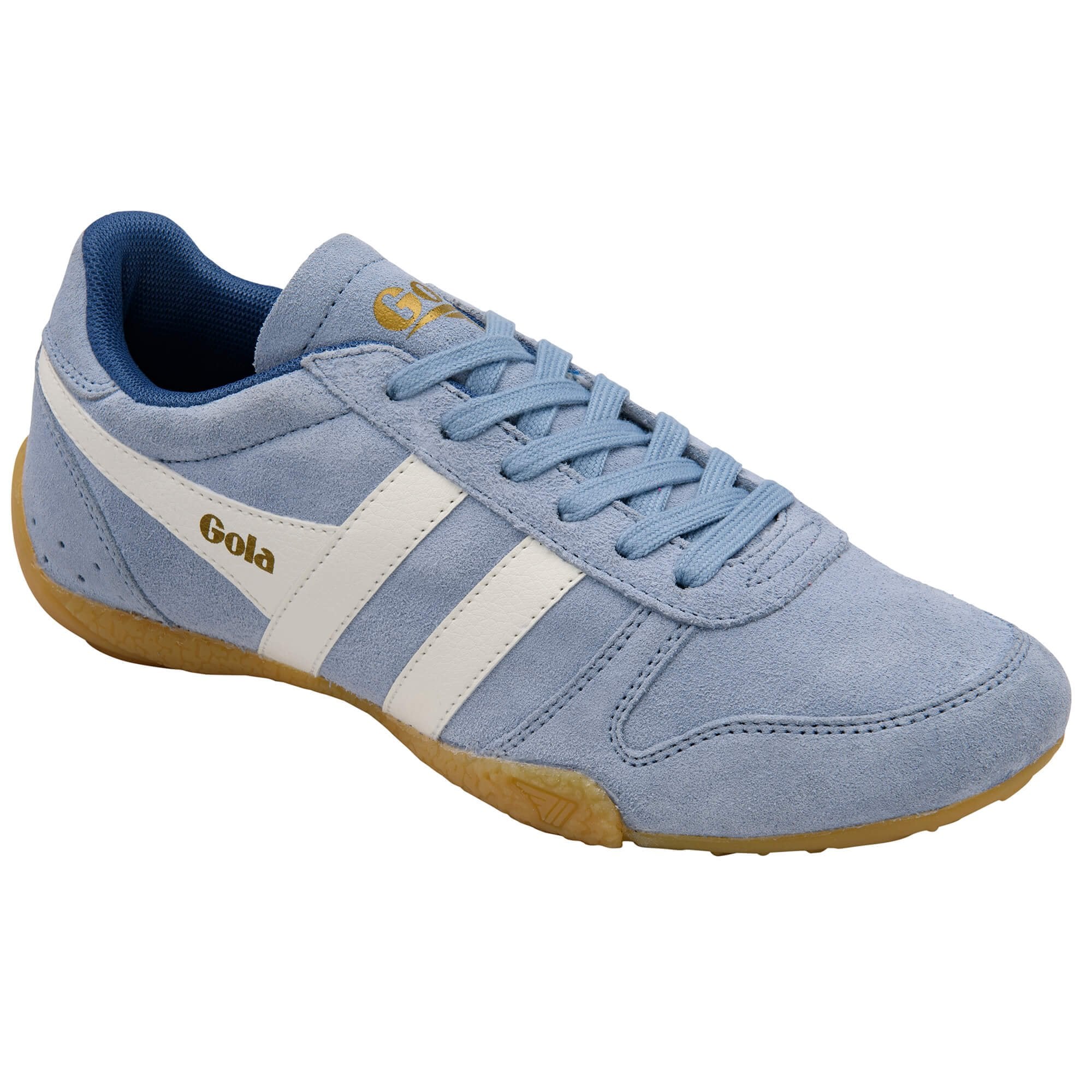 Light blue suede Gola trainer with white stripes and a gum sole on a white background