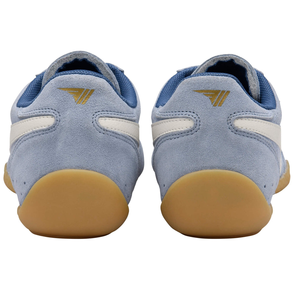 Pair of light blue Gola trainers with white and gold accents on a white background