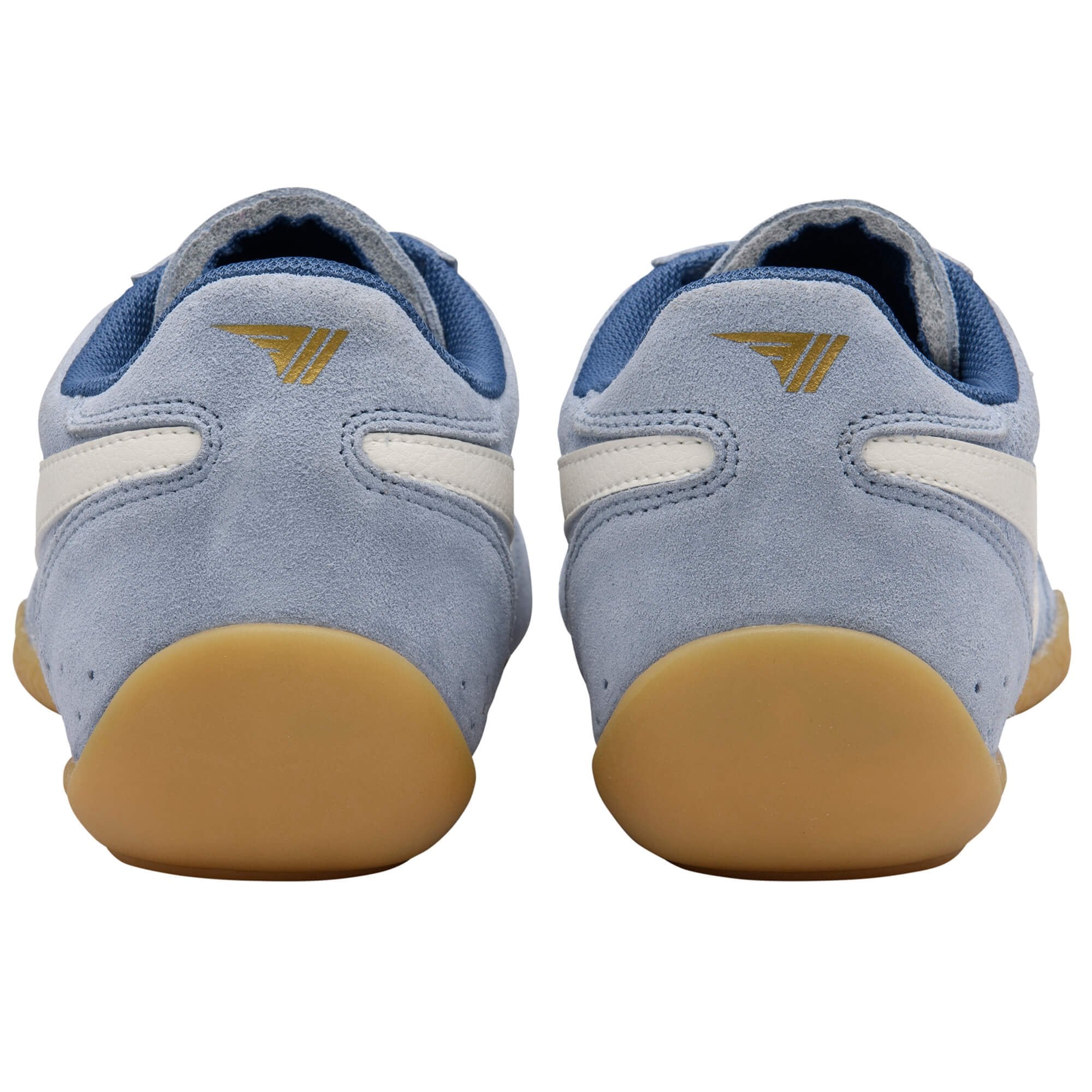 Pair of light blue Gola trainers with white and gold accents on a white background