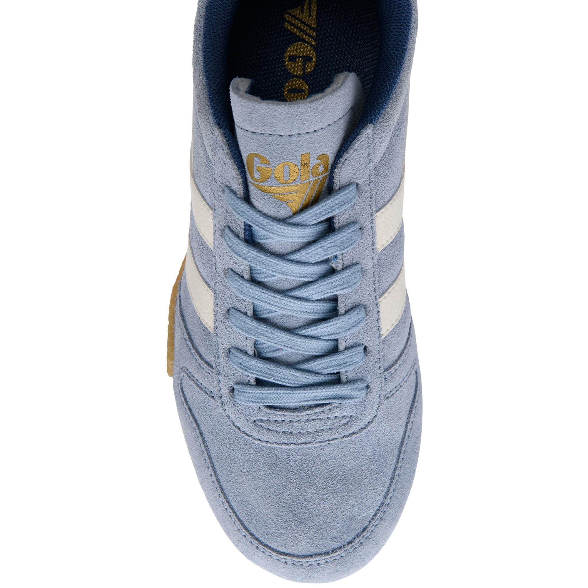 Close up of a light blue Gola trainer with white stripes on a white background
