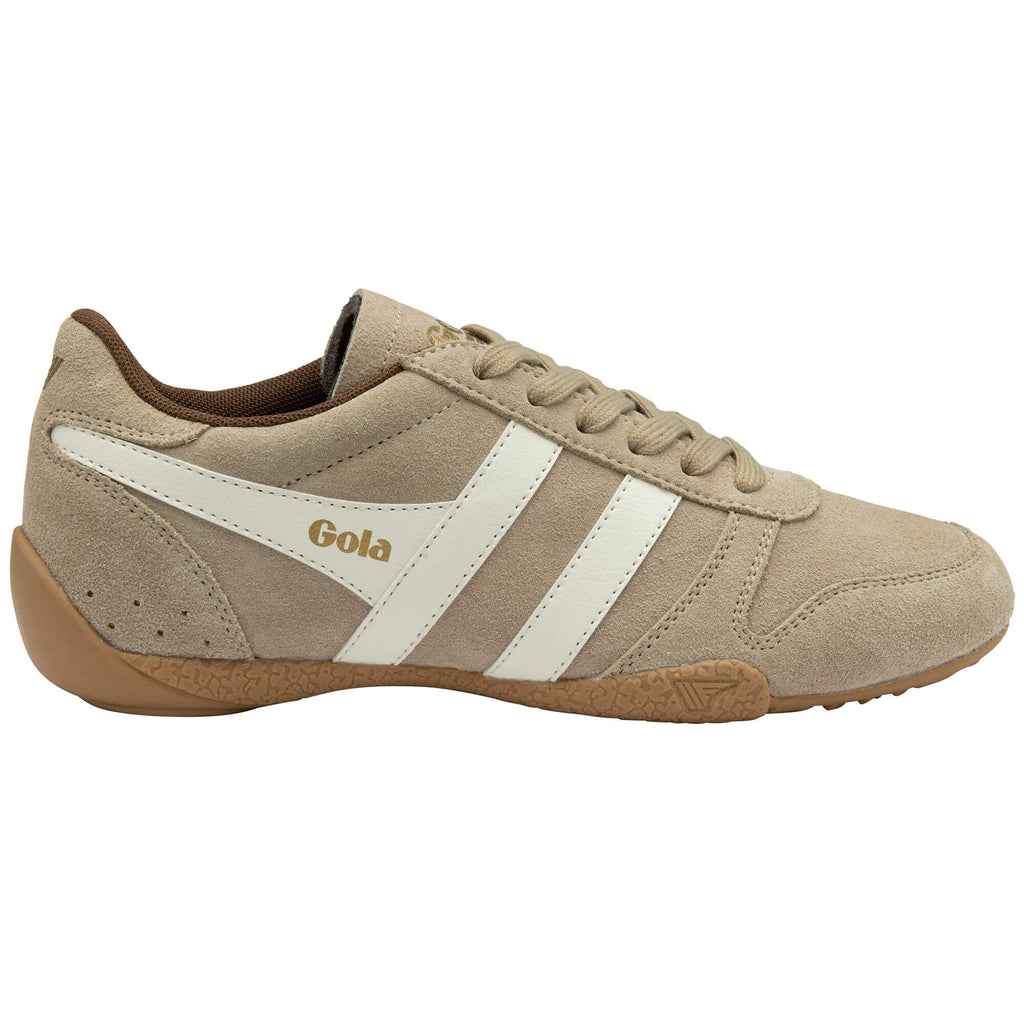 Beige Gola trainer with white stripes and brown lining on a white background
