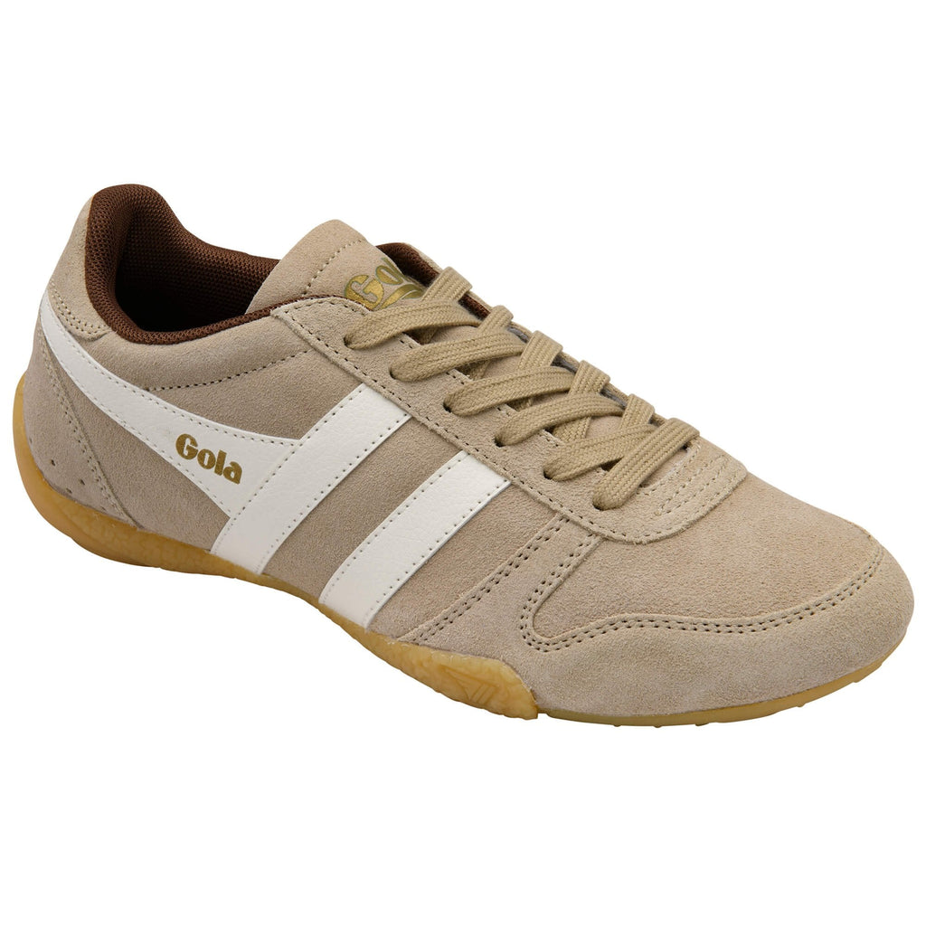 Gola trainer in beige with white stripes and brown lining on a white background