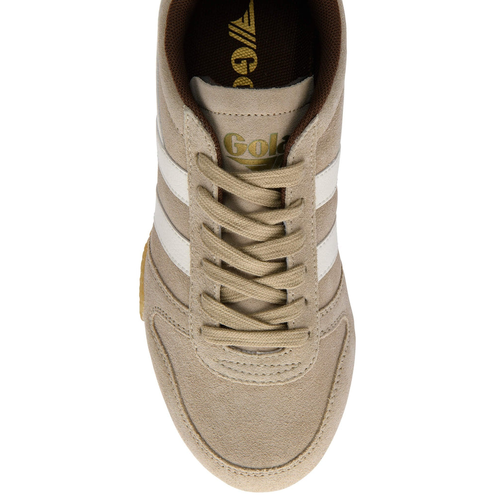 Gola trainer in beige with white stripes on a white background
