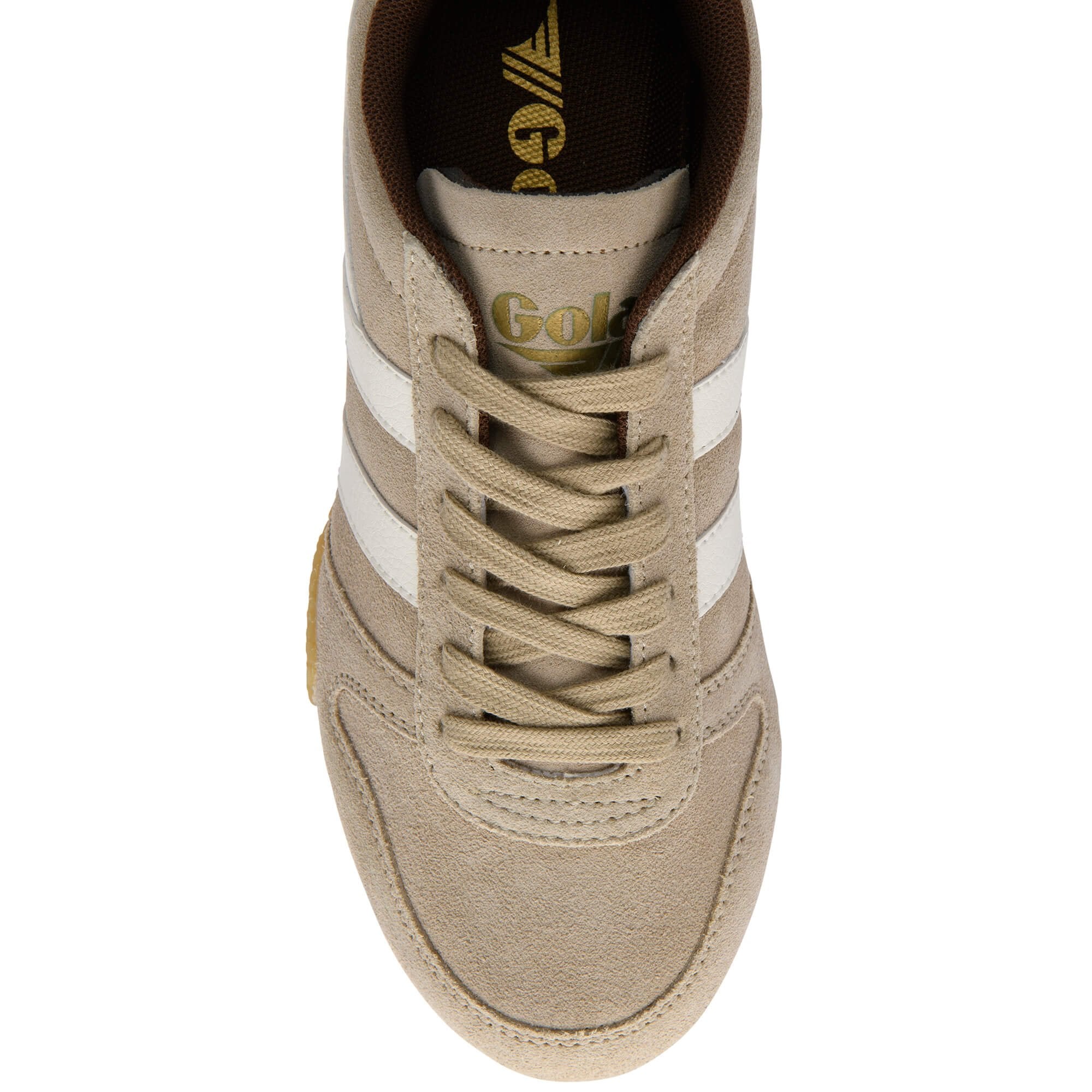 Gola trainer in beige with white stripes on a white background