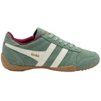 Green Gola trainer with white stripes and brown sole on a white background
