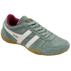 Green Gola trainer with white stripes and brown sole on a white background