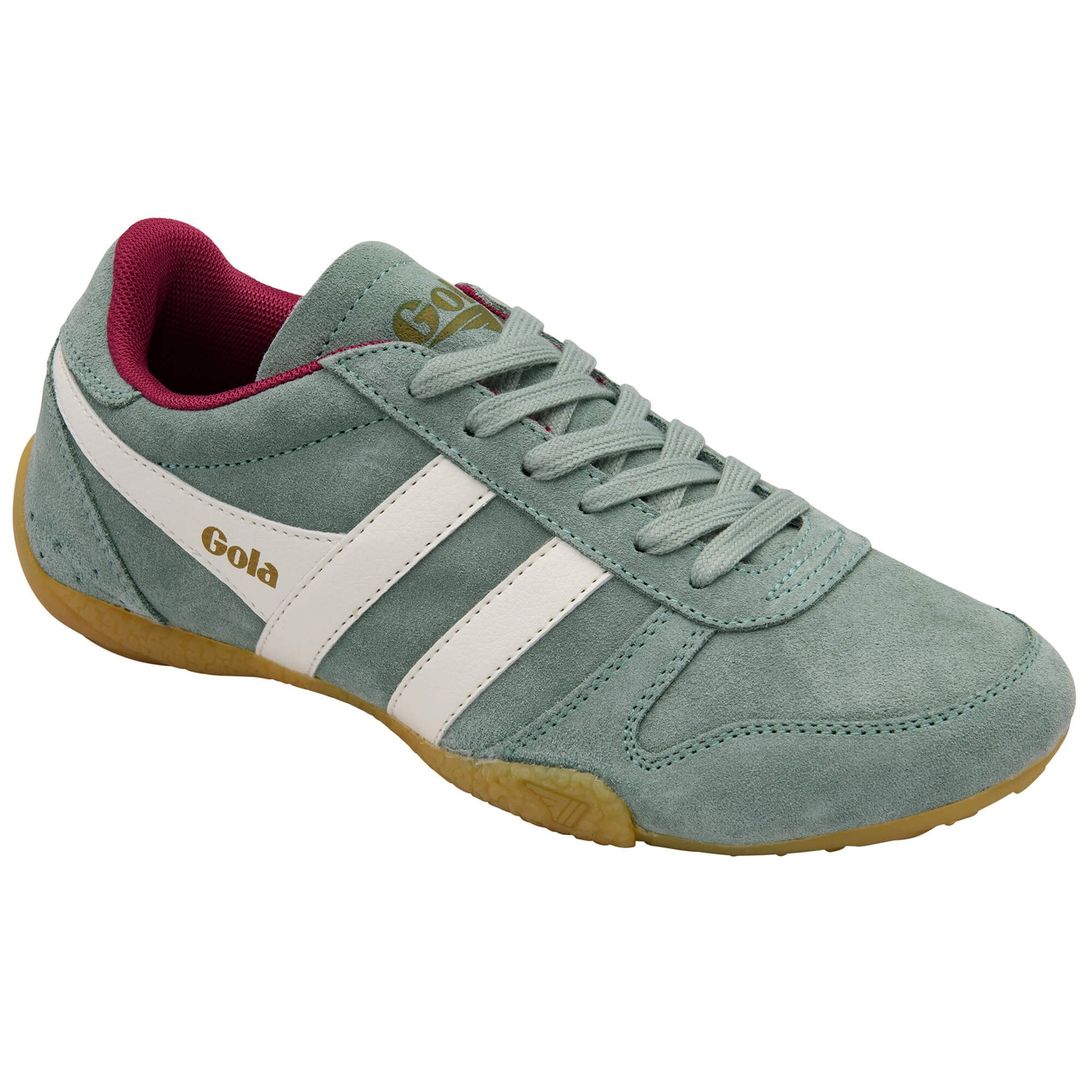Green Gola trainer with white stripes and brown sole on a white background