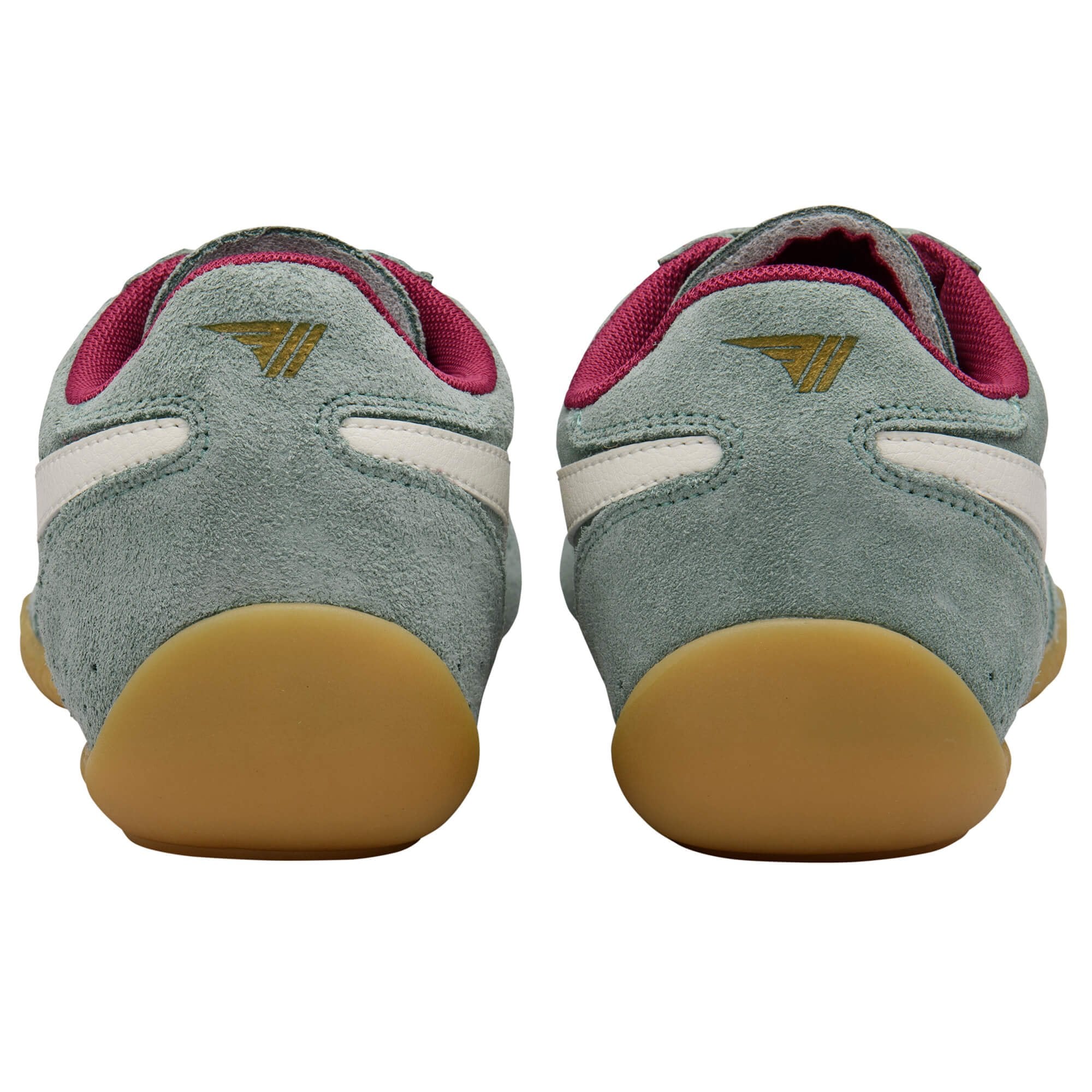 Pair of green Gola trainers with red accents and brown soles on a white background