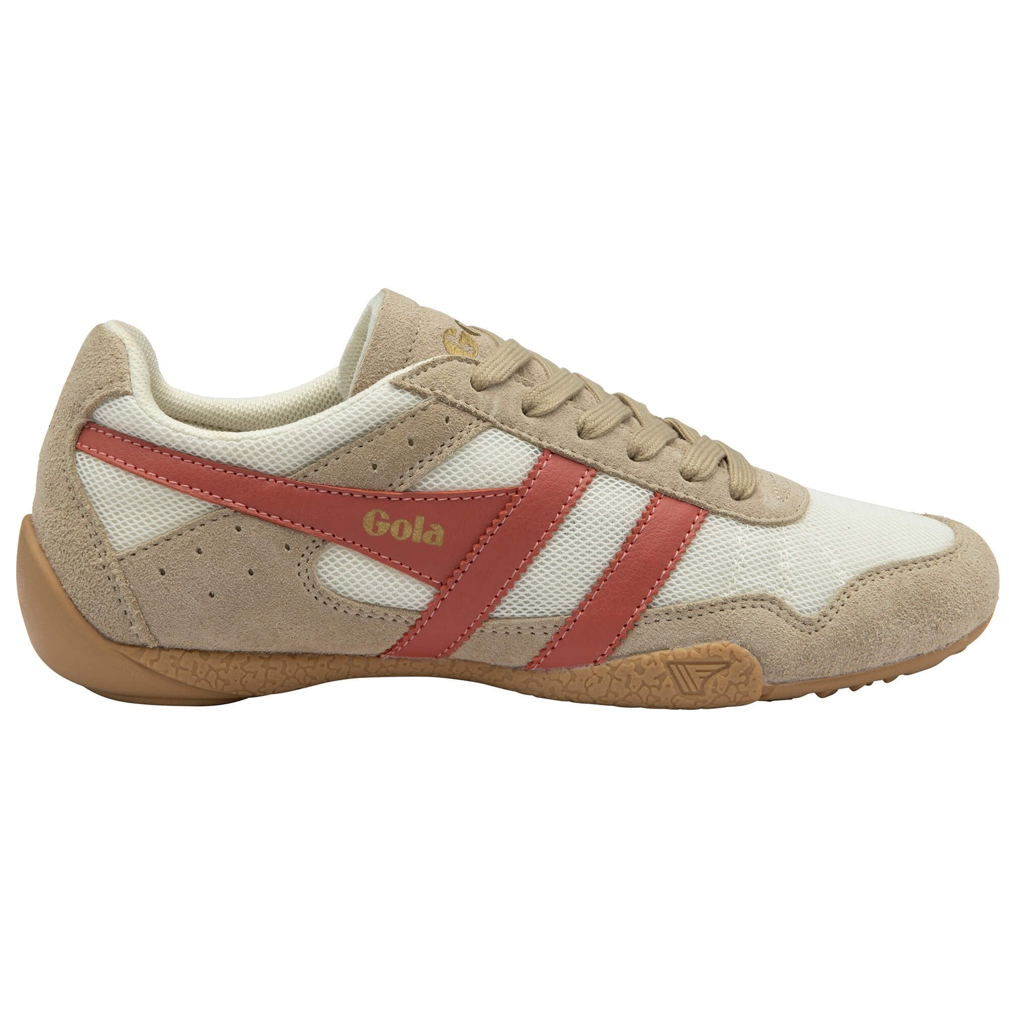 Beige and red trainer with 'Gola' branding on a white background