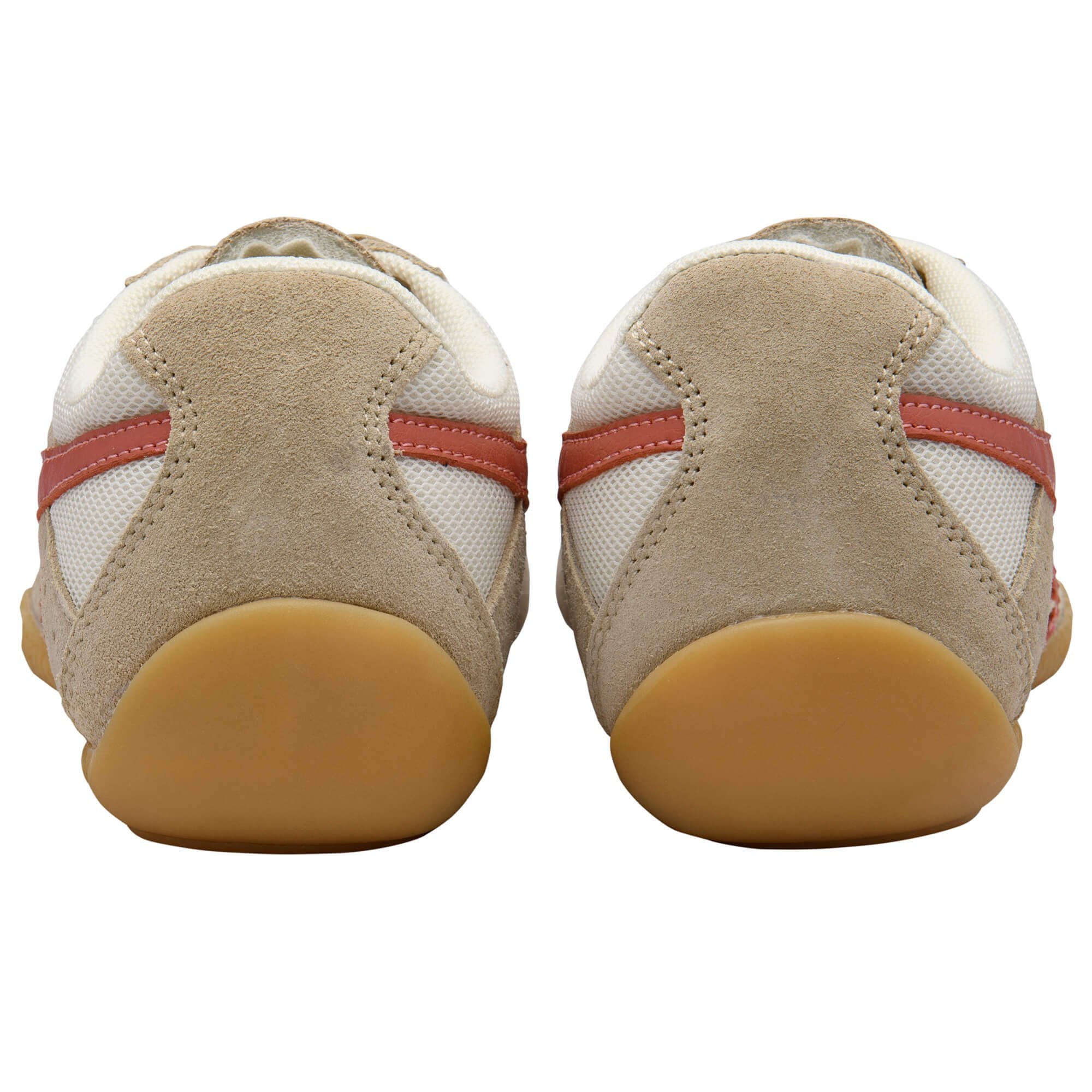 Pair of beige and white trainers with red stripes and gum soles, seen from the back