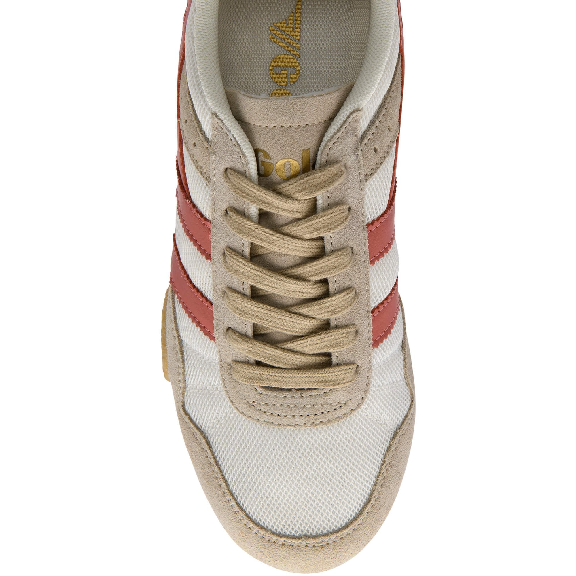 Trainer with red and white stripes on a white background