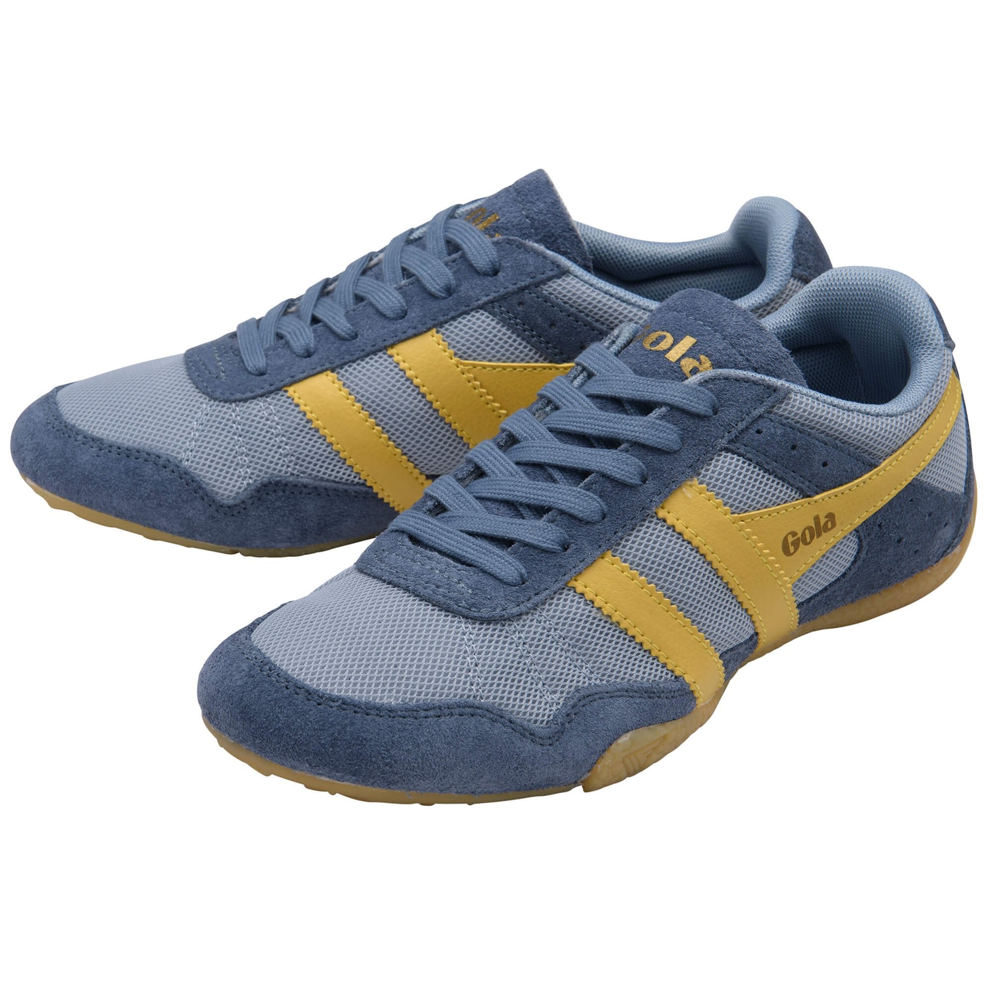 Blue and yellow trainers with 'Gola' branding on a white background