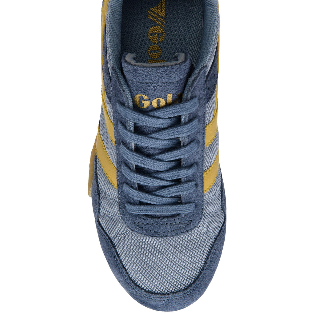 Blue and yellow trainer with 'Gola' branding on a white background