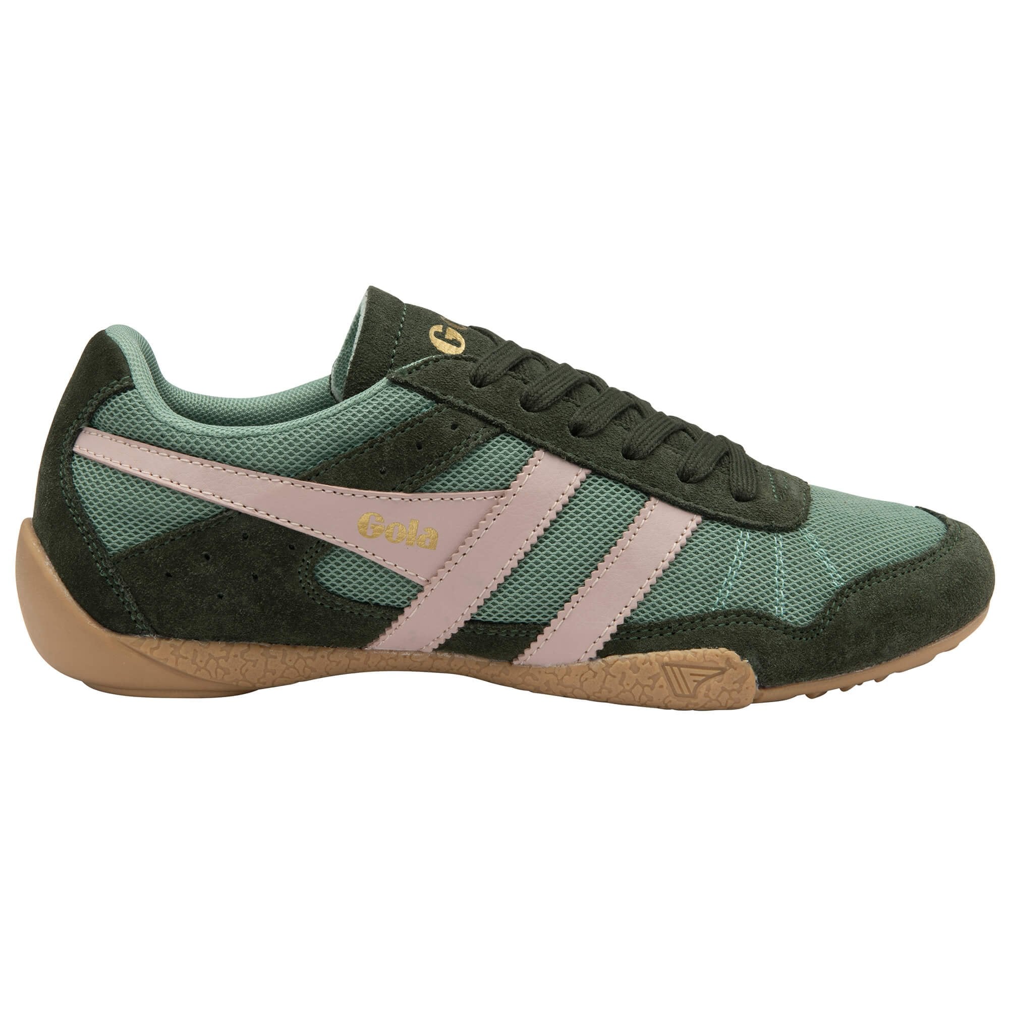 Green trainer with pink accents on a white background
