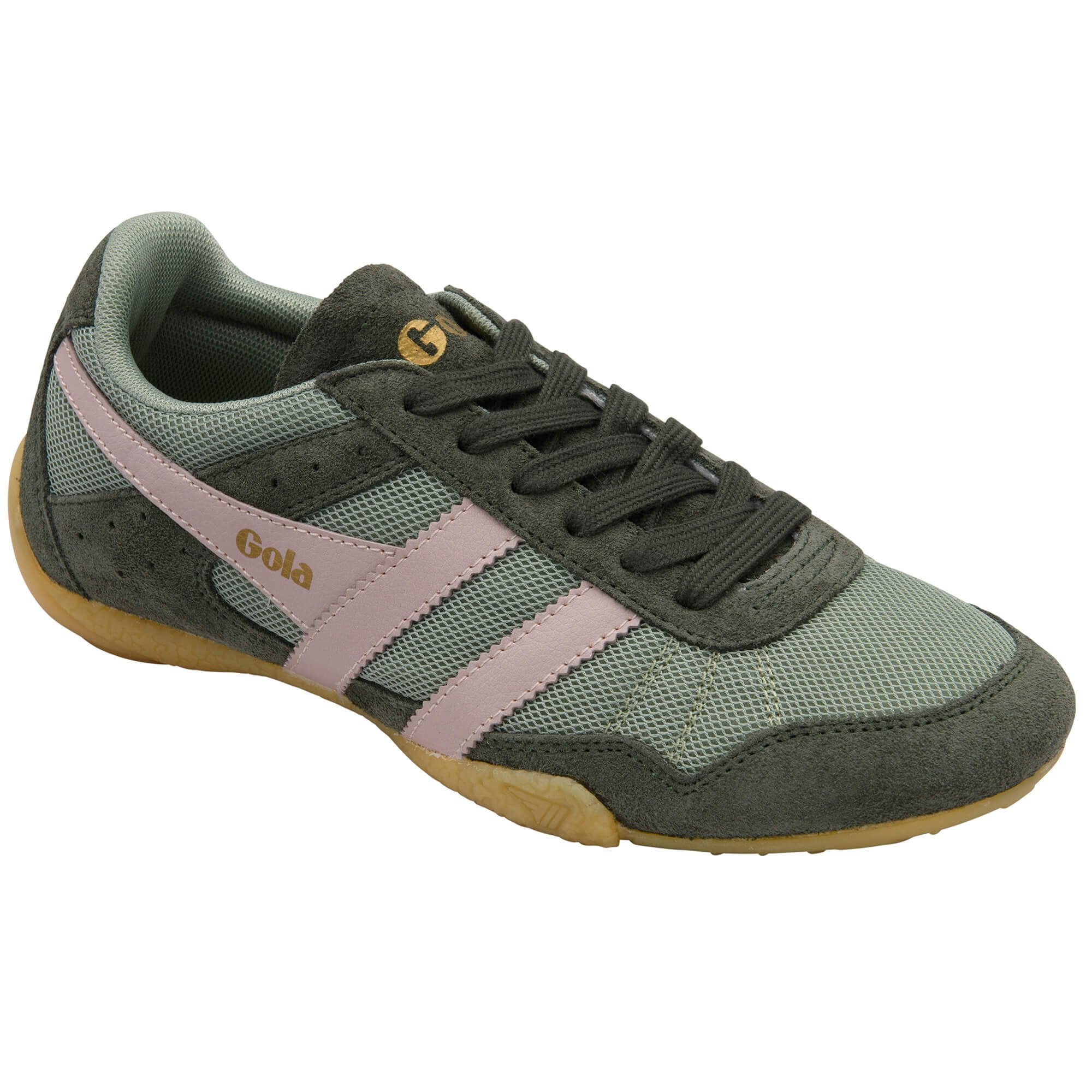Green trainer with pink accents on a white background