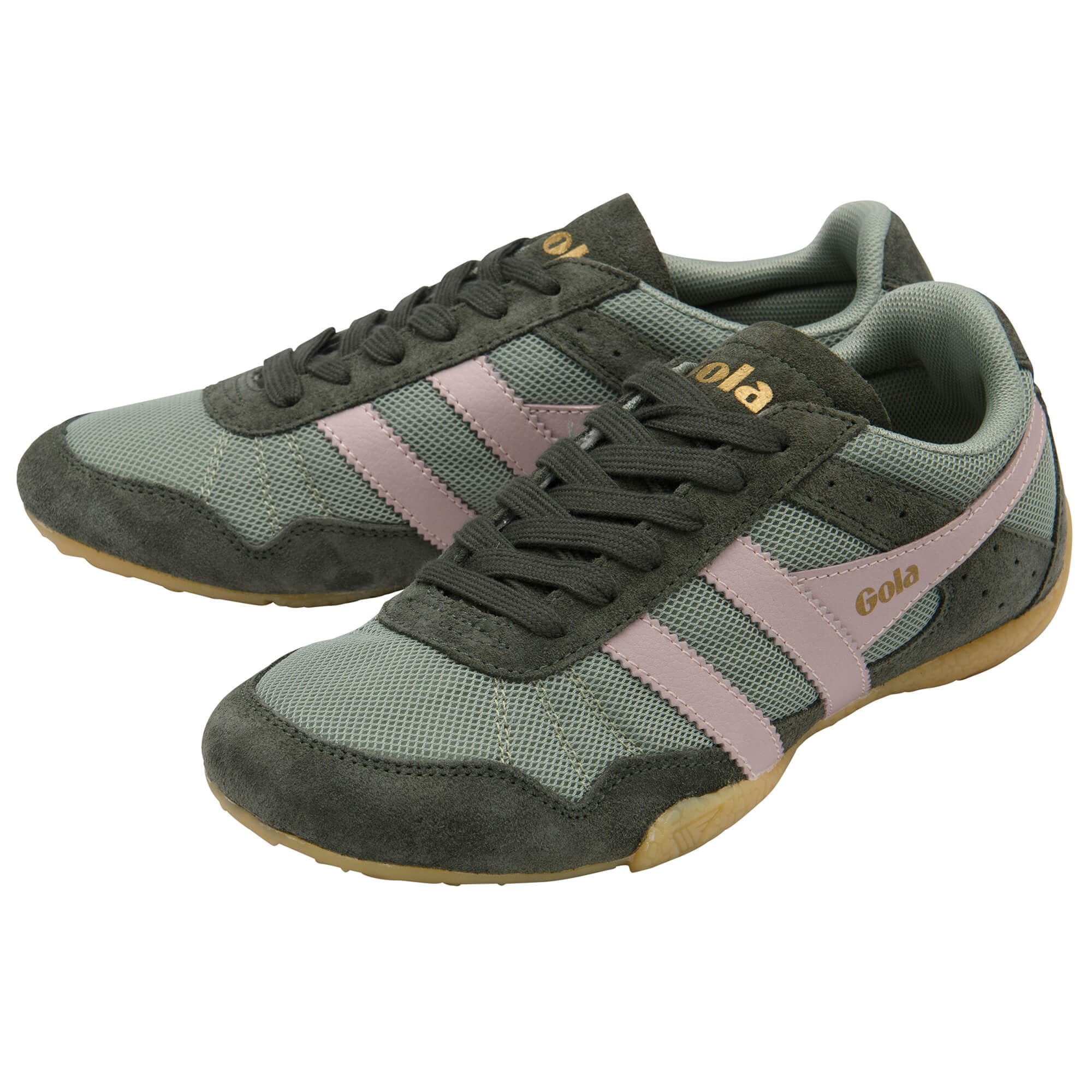 Pair of green and pink trainers with 'Gola' branding on a white background