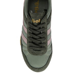 Green trainer with pink stripes on a white background