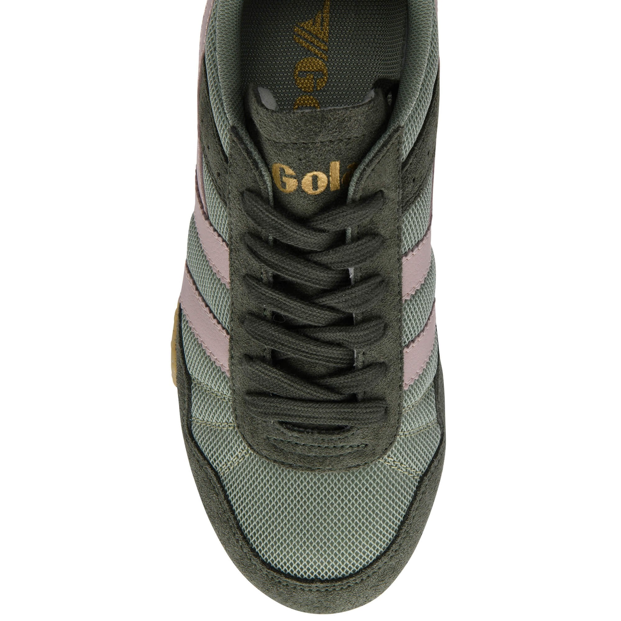 Green trainer with pink stripes on a white background
