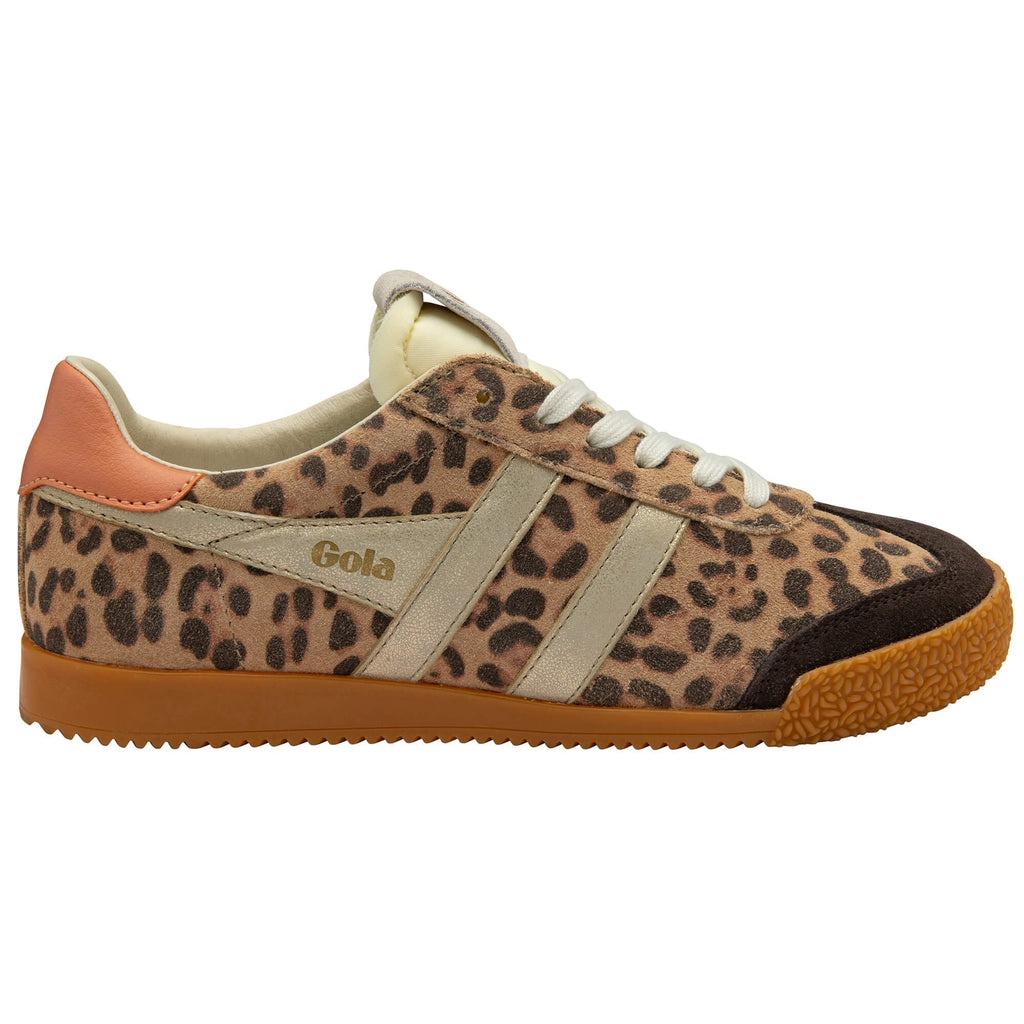 Animal print trainer with brown sole on a white background