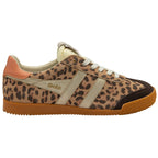Animal print trainer with brown sole on a white background