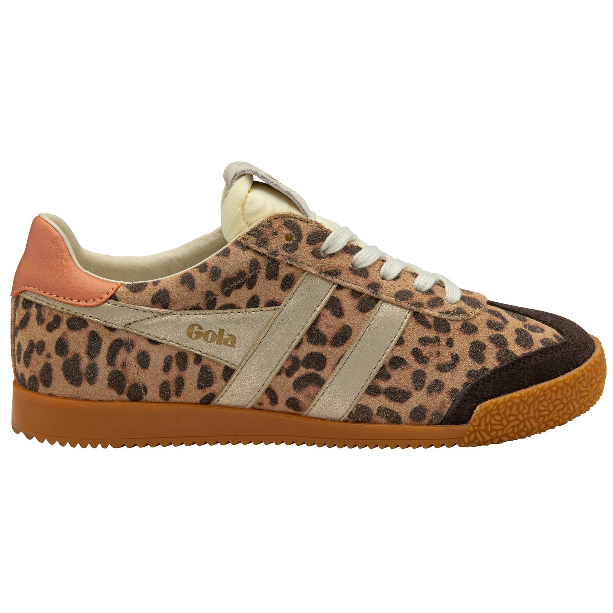 Animal print trainer with brown sole on a white background