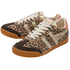 Animal print trainers with brown soles on a white background