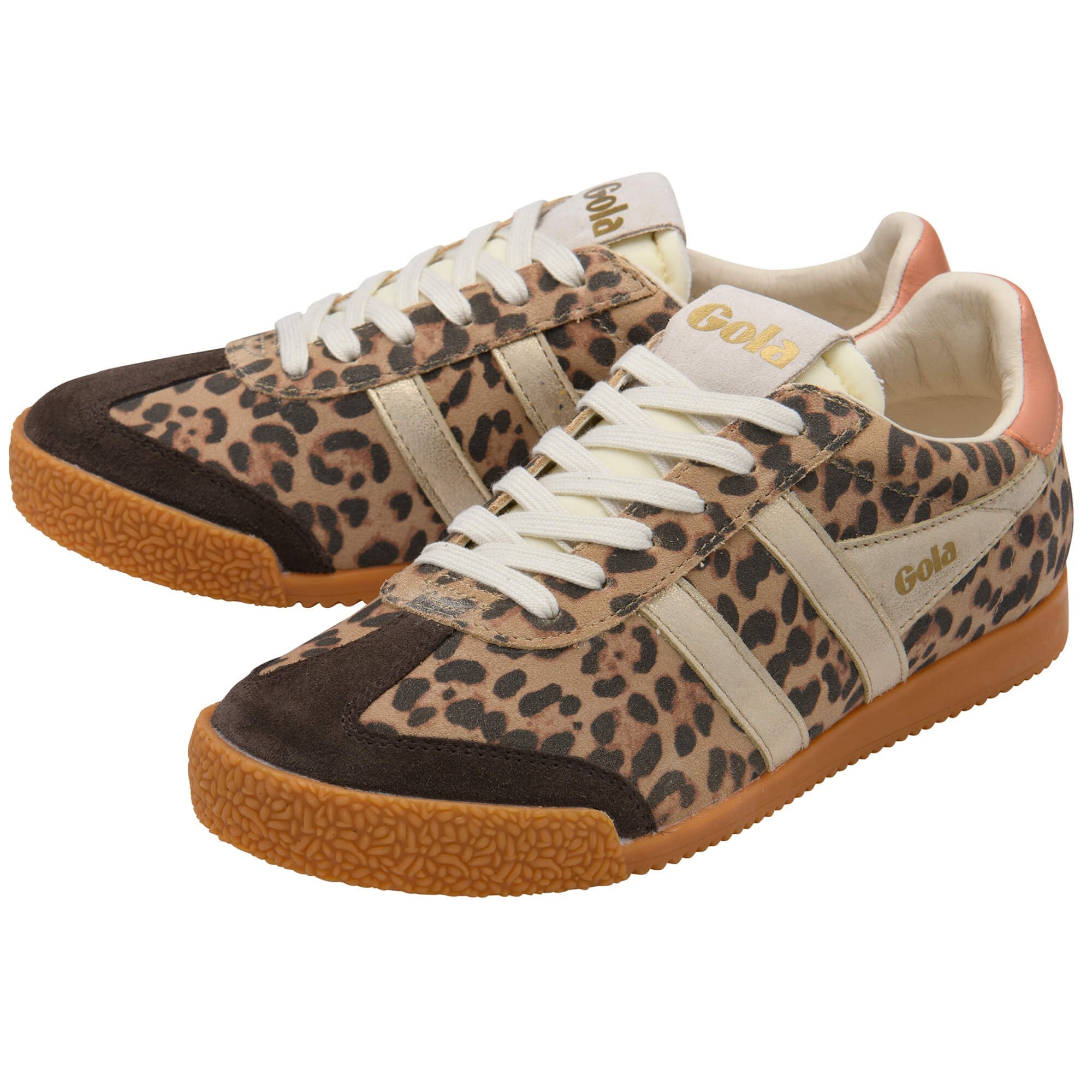 Animal print trainers with brown soles on a white background