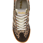 Animal print trainer with white laces on a white background