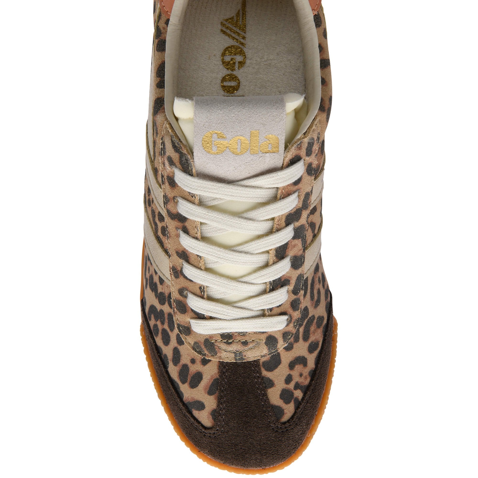 Animal print trainer with white laces on a white background