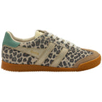 Animal print trainer with brown sole on a white background