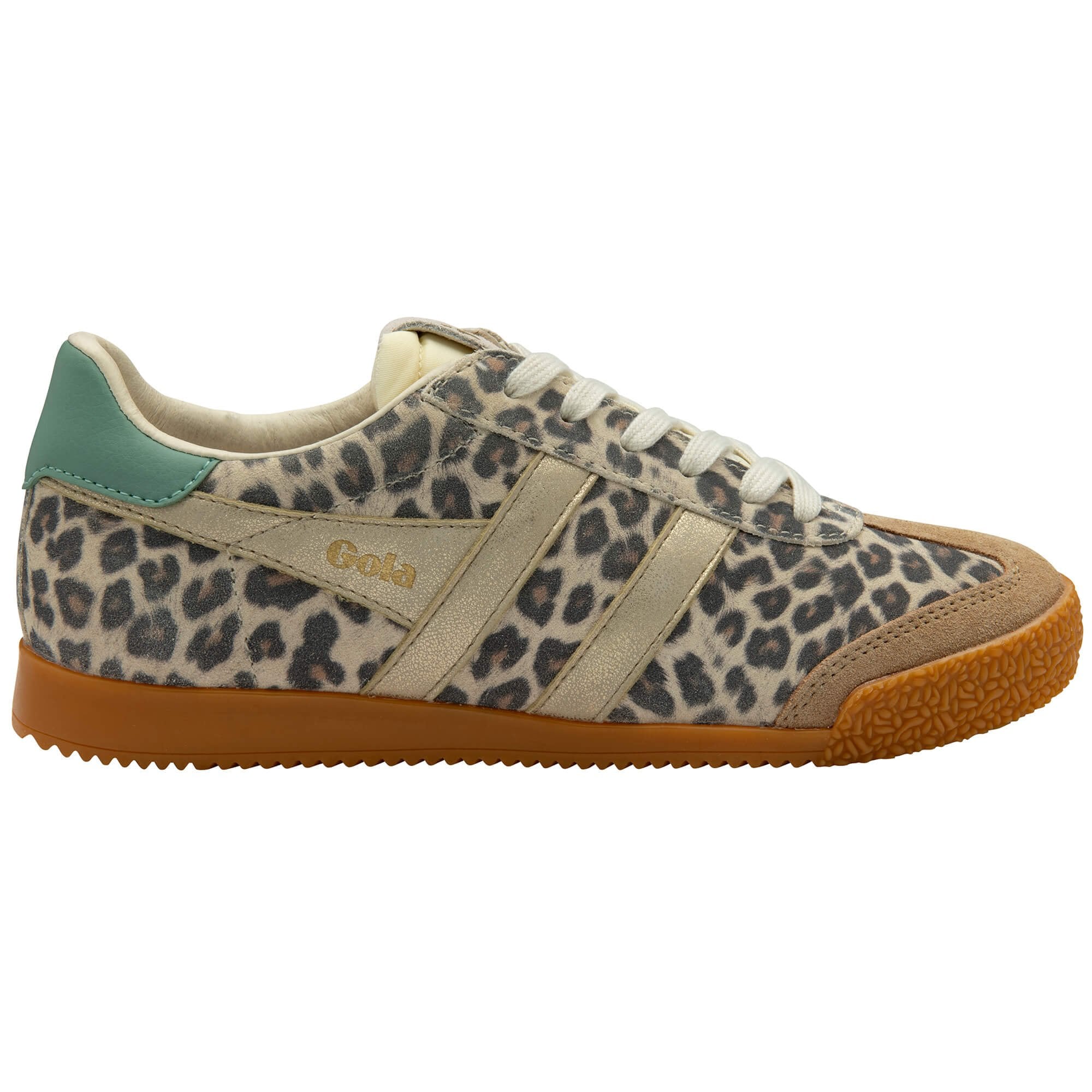 Animal print trainer with brown sole on a white background