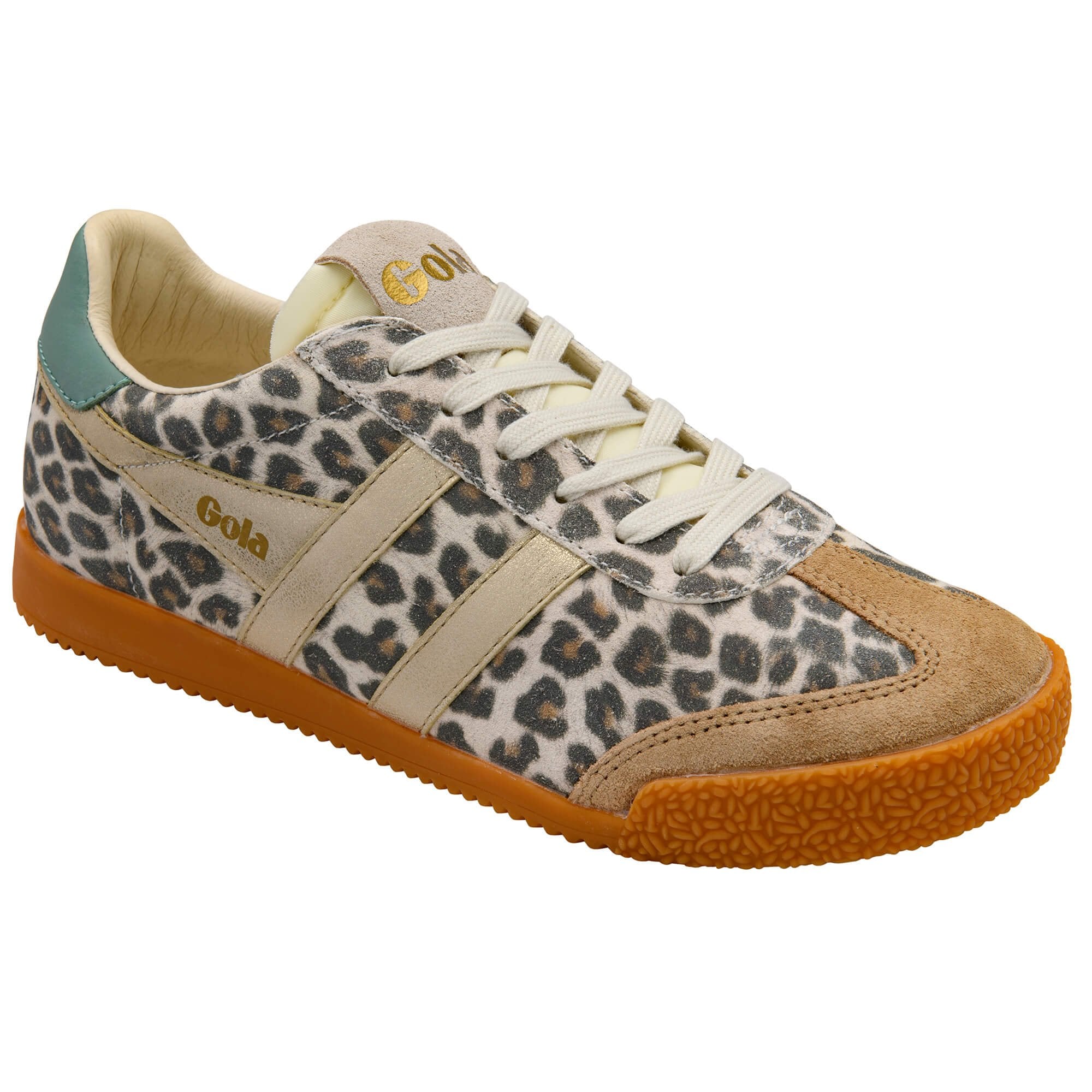 Animal print trainer with brown sole on a white background