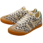Pair of Gola trainers with animal print upper, tan suede accents, gold stripes, and gum soles
