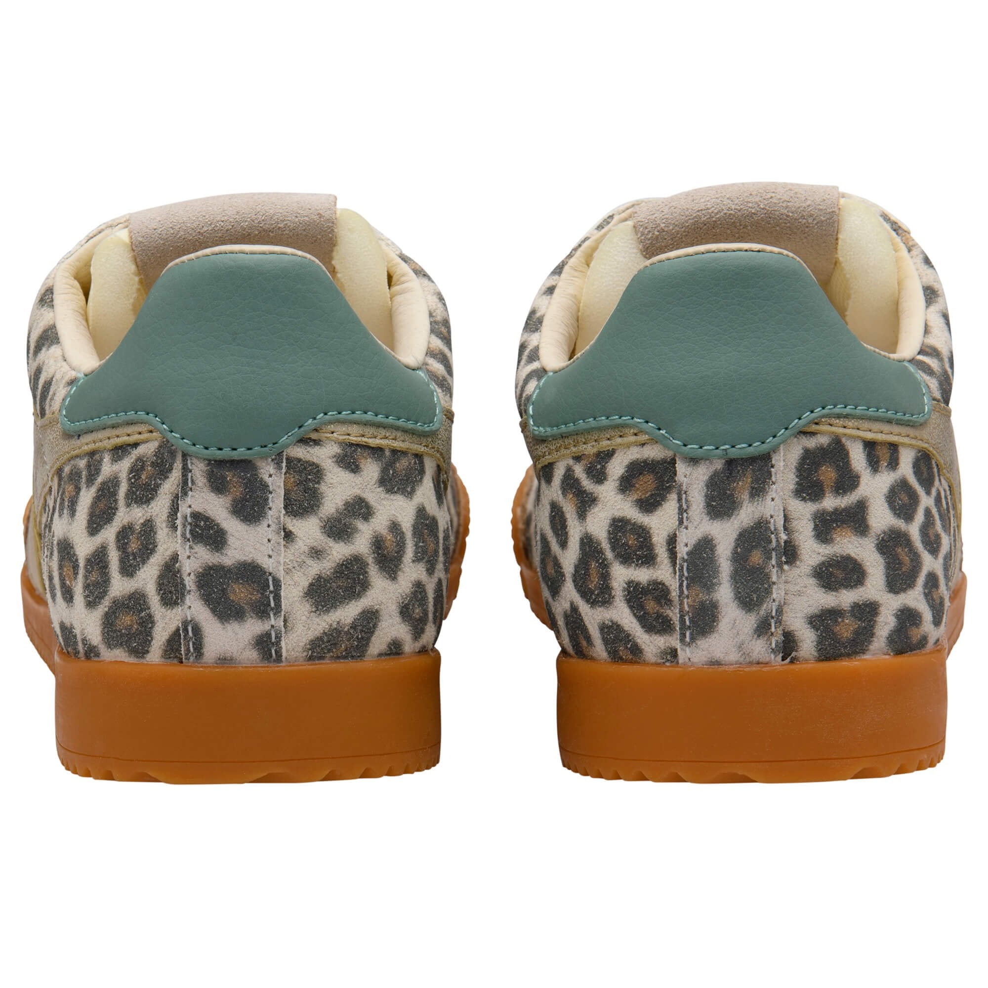 Pair of animal print trainers with a green heel tab on a white background