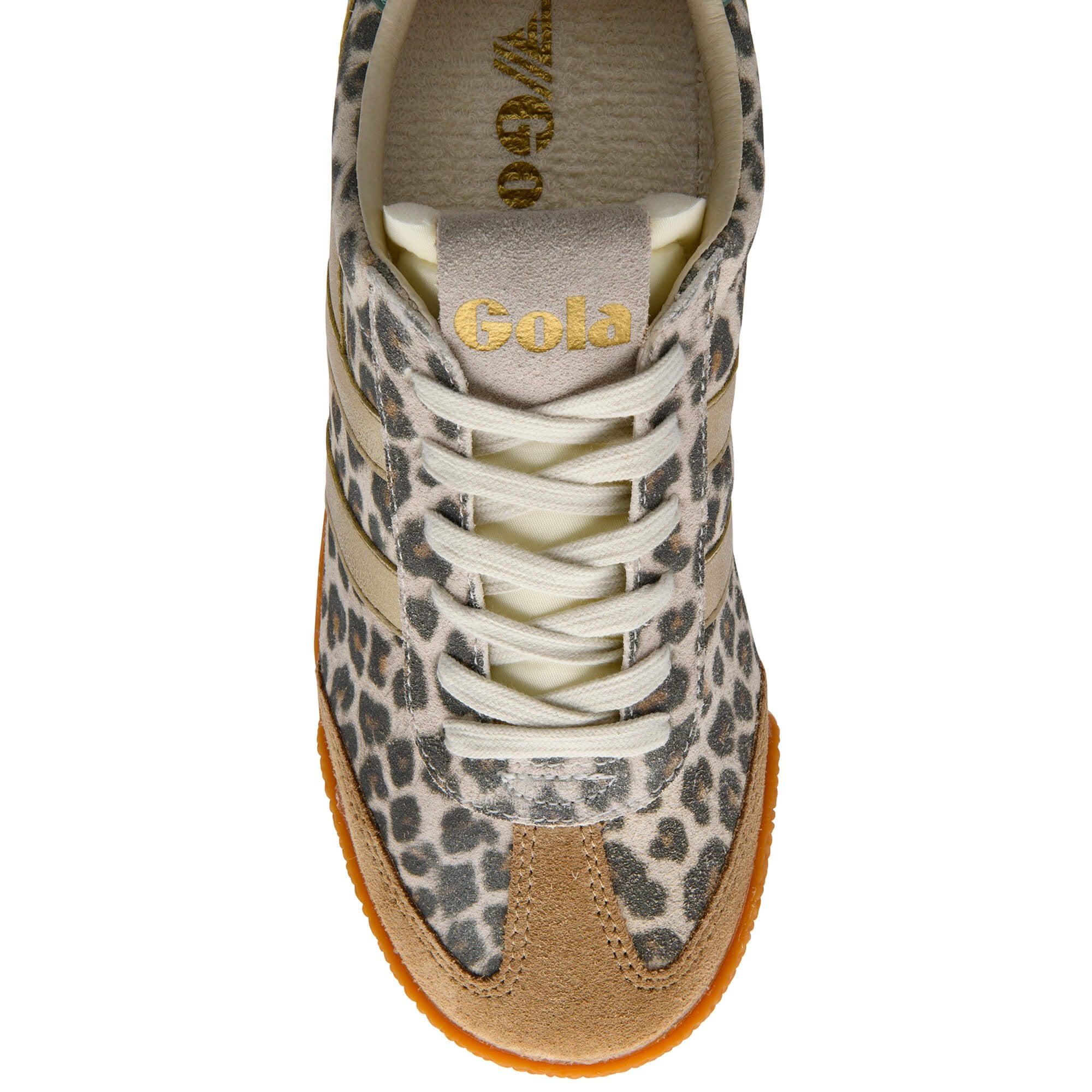 Animal print trainer with white laces on a white background