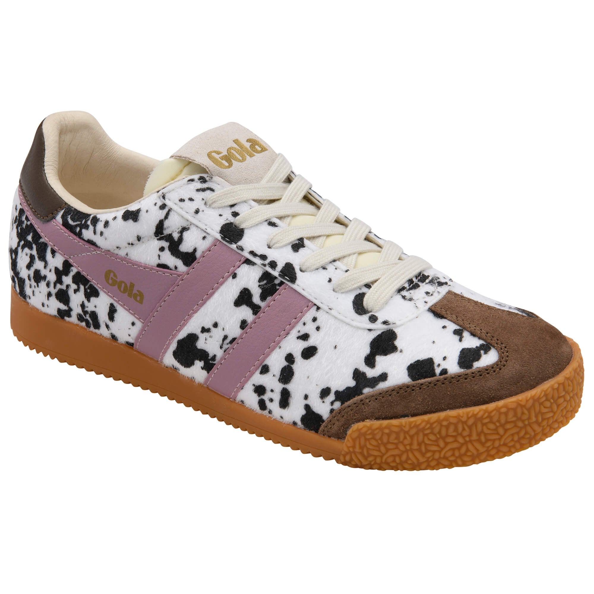 Trainer with animal print pattern and brown accents on a white background