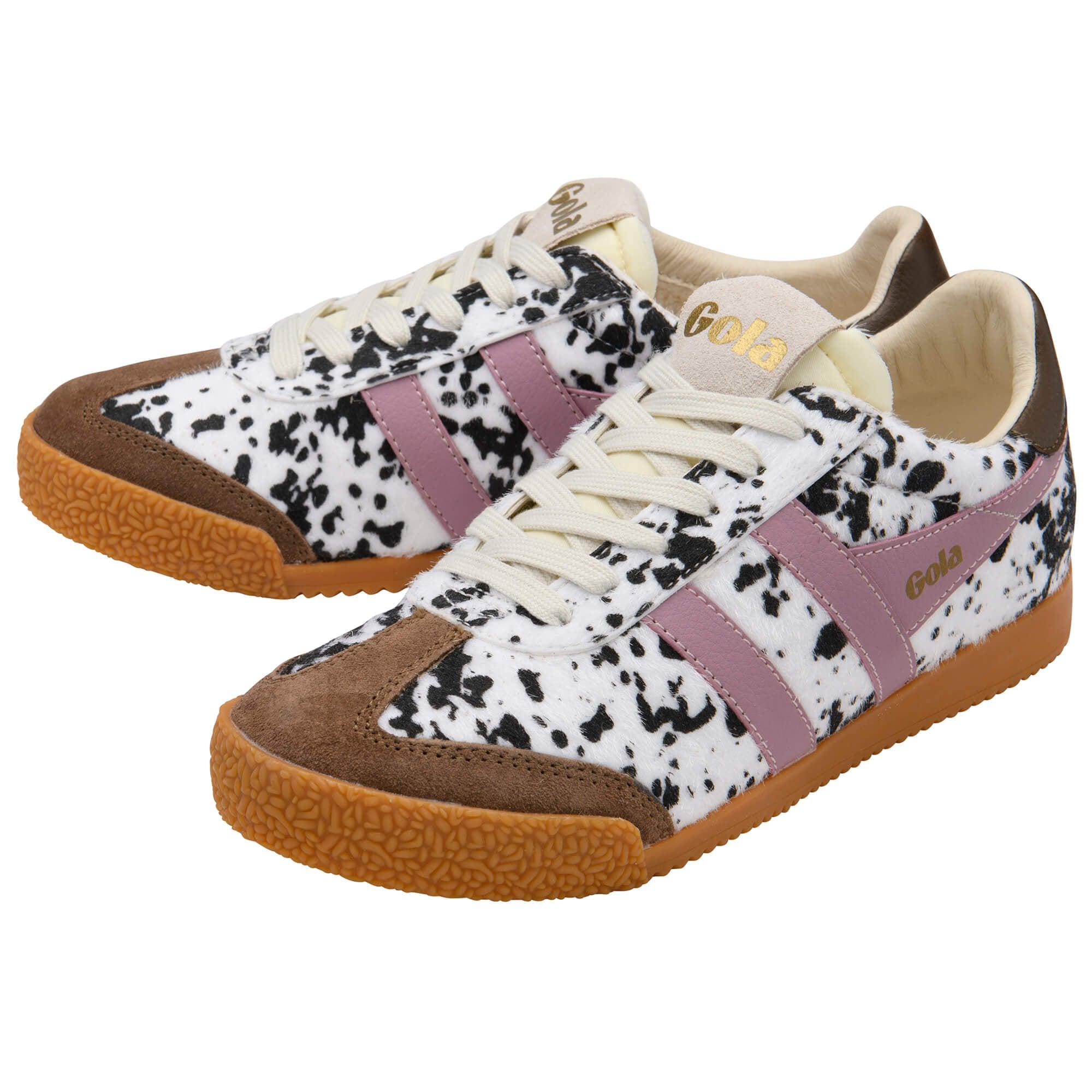 Gola women's trainers in white with black spots animal print, brown suede toe and heel, pink stripes, and gum sole
