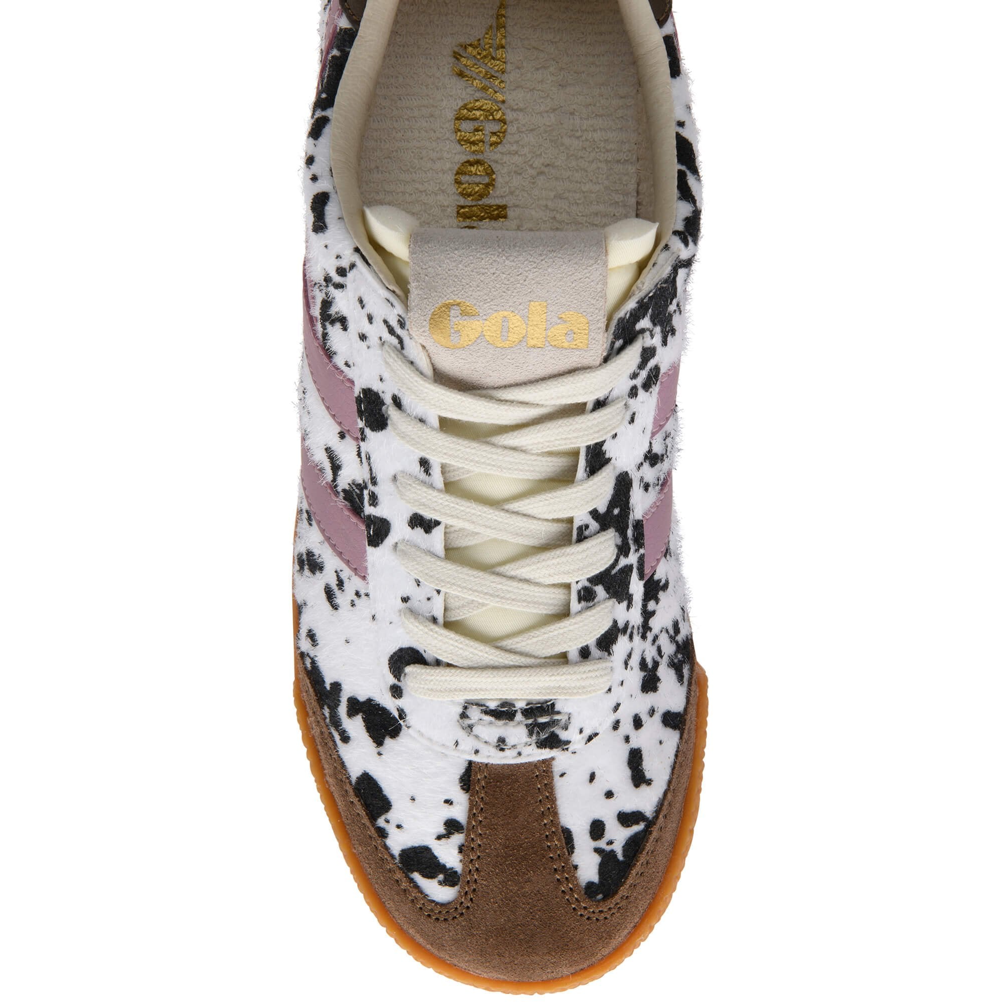 Gola trainer with a white and black animal print upper, brown suede toe, and pink stripes
