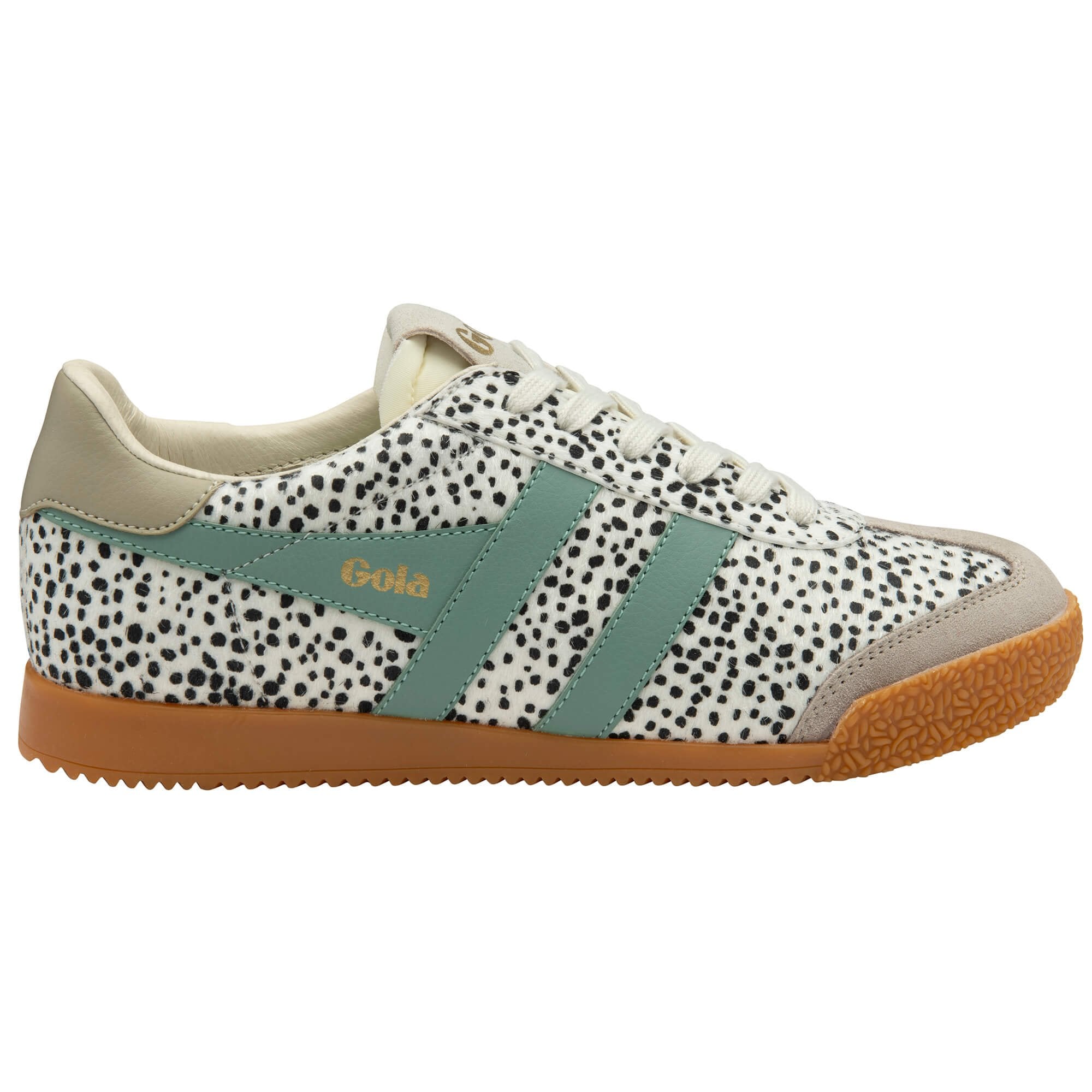 Gola off white and black trainer with animal print, green stripes and brown sole