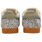 Pair of trainers with animal print pattern and brown sole on a white background
