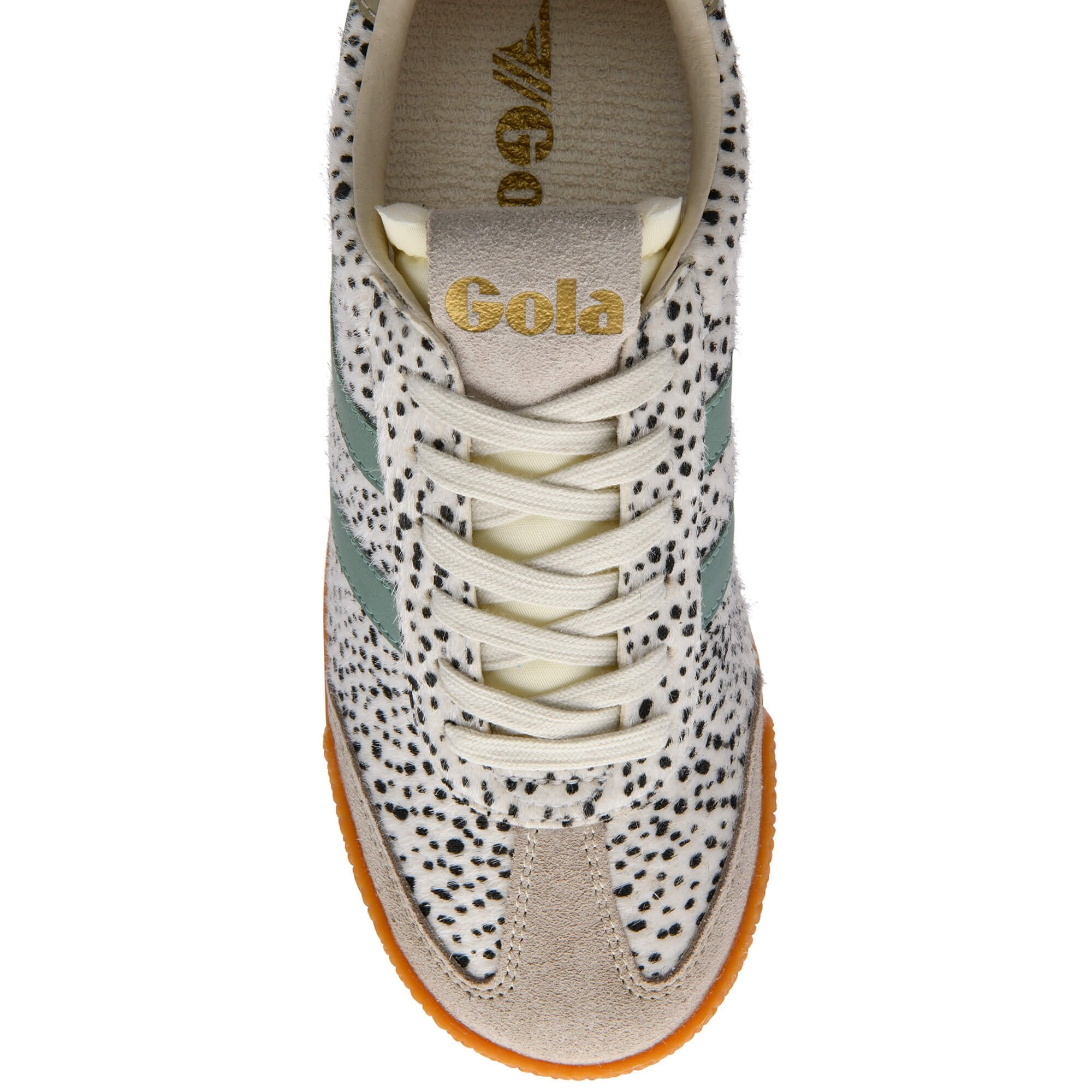 White Gola trainer with black spots, green stripes, and a tan sole