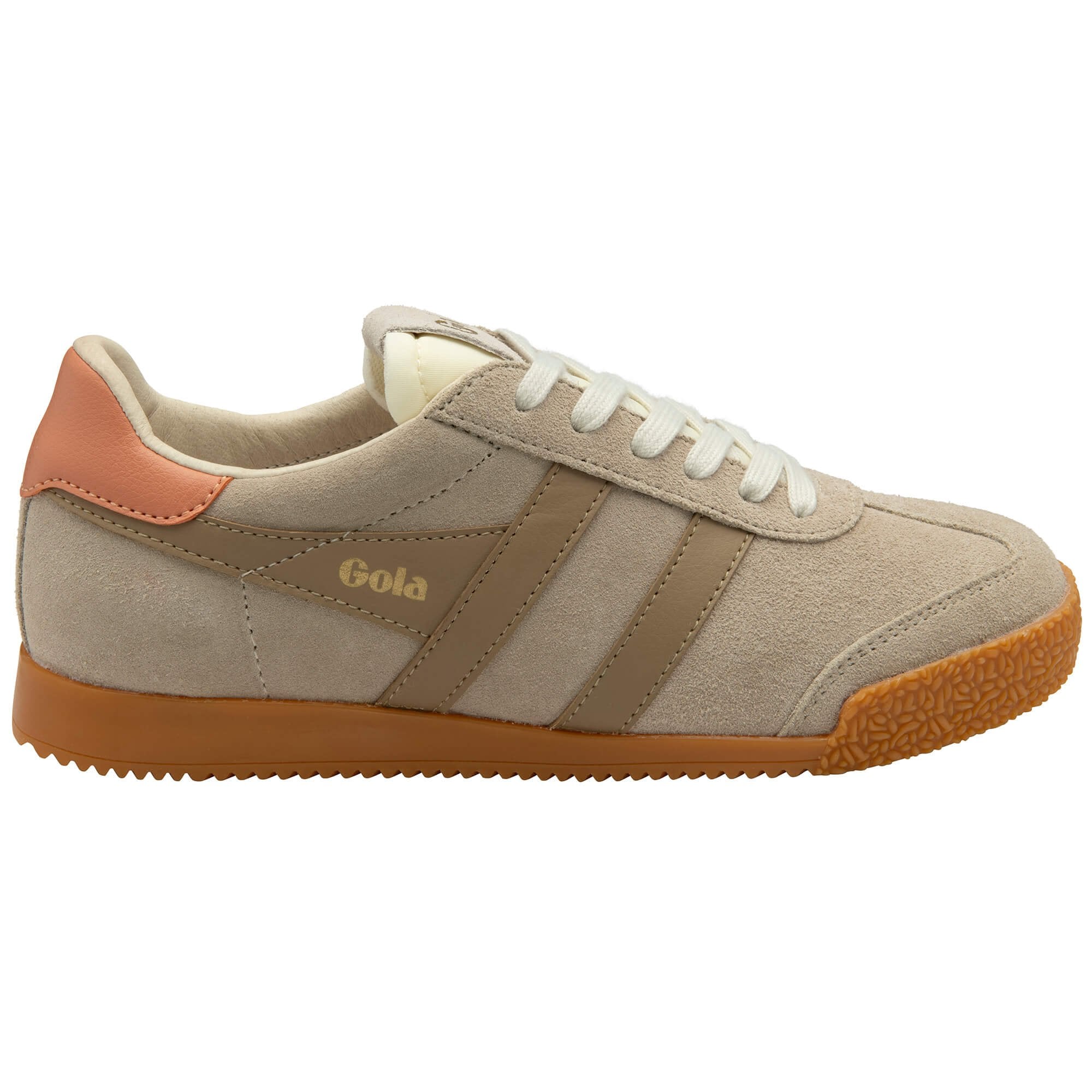 Gola trainer in beige suede with a tan heel tab and gum sole on a white background