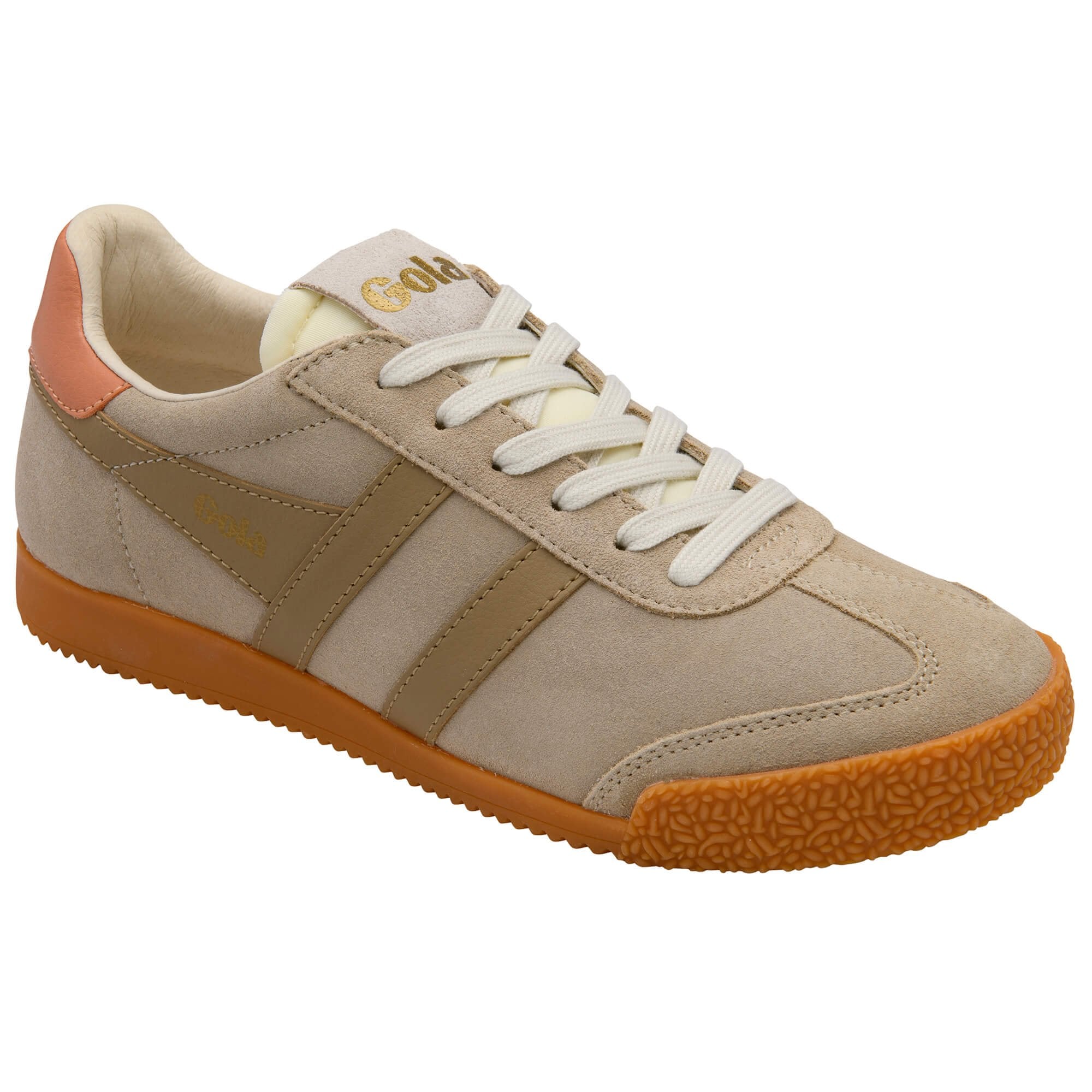 Beige Gola trainer with brown sole on a white background