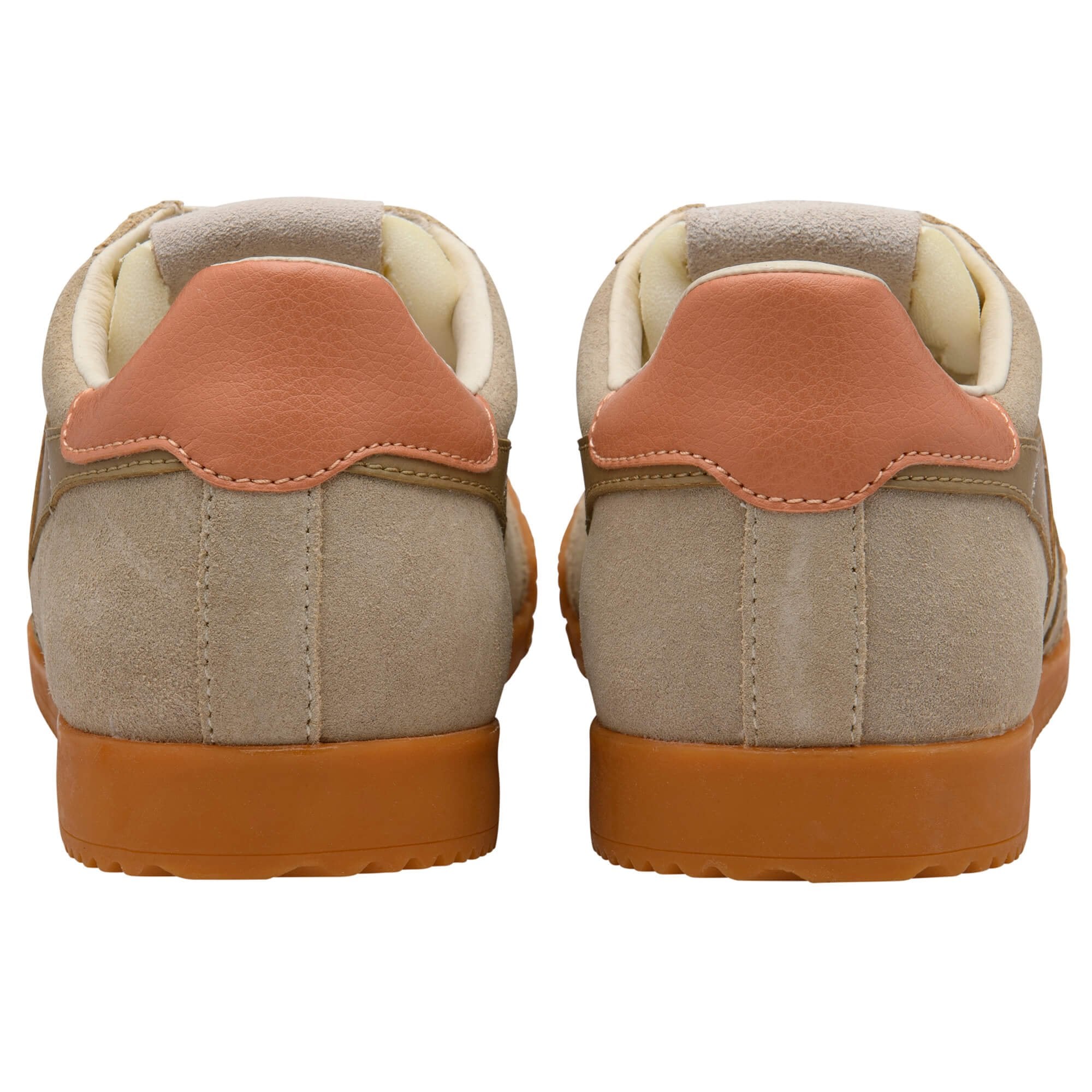 Pair of brown and beige Gola trainers with orange accents on a white background