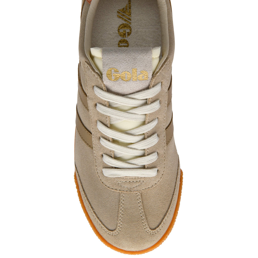 Beige Gola trainer with white laces and light brown stripes on a white background
