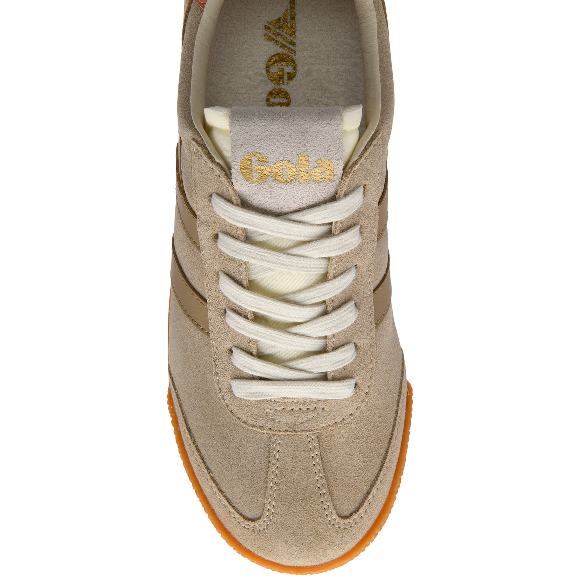 Beige Gola trainer with white laces and light brown stripes on a white background