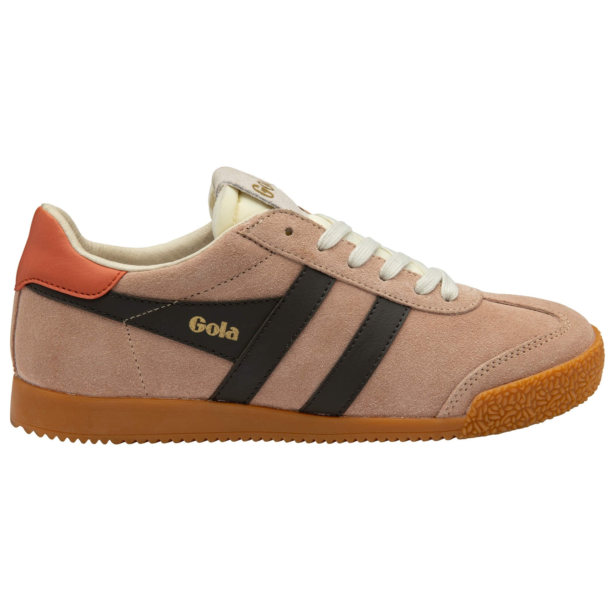Gola trainer in rose pink with black stripes and a gum sole on a white background