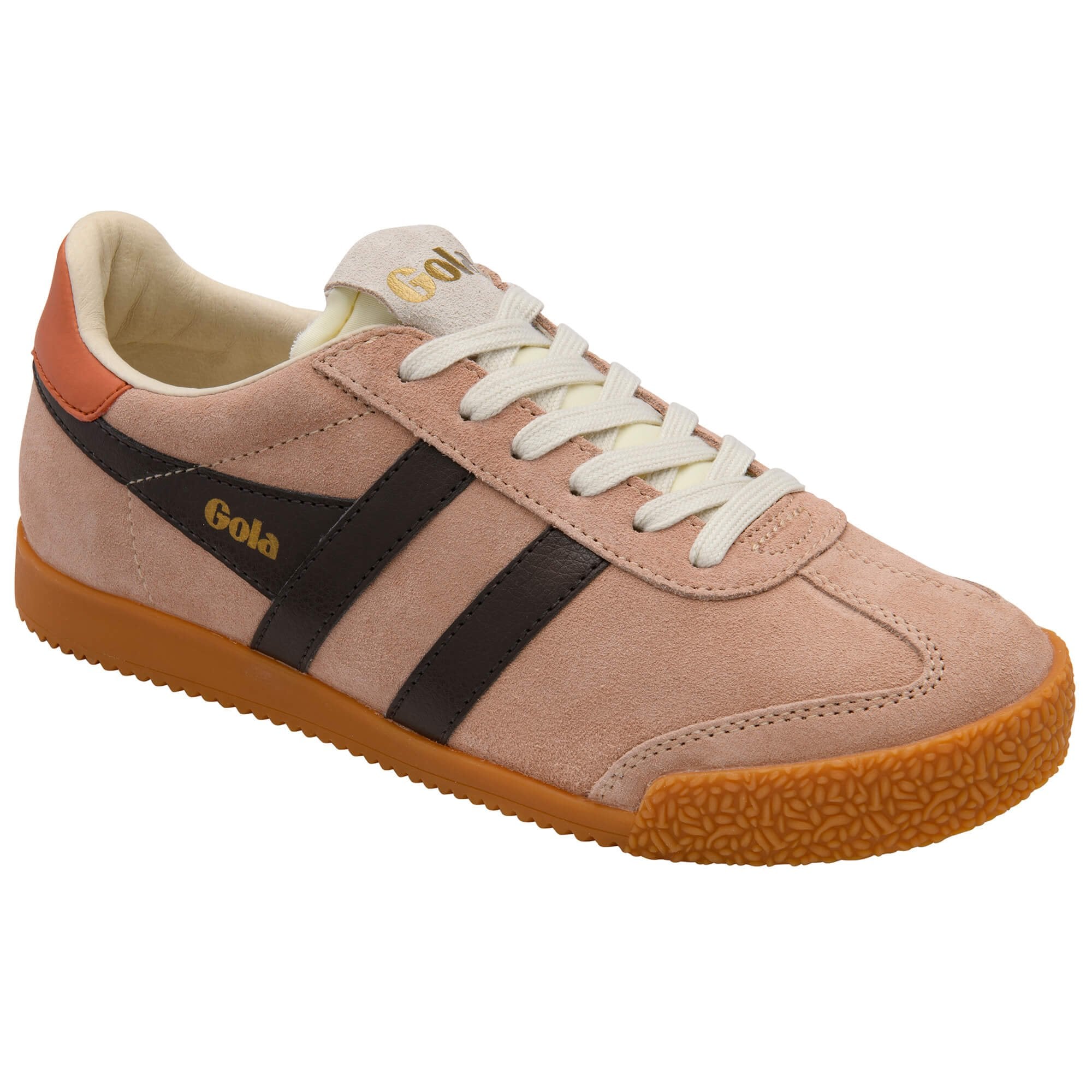 Pink Gola trainer with black stripes and gum sole on a white background