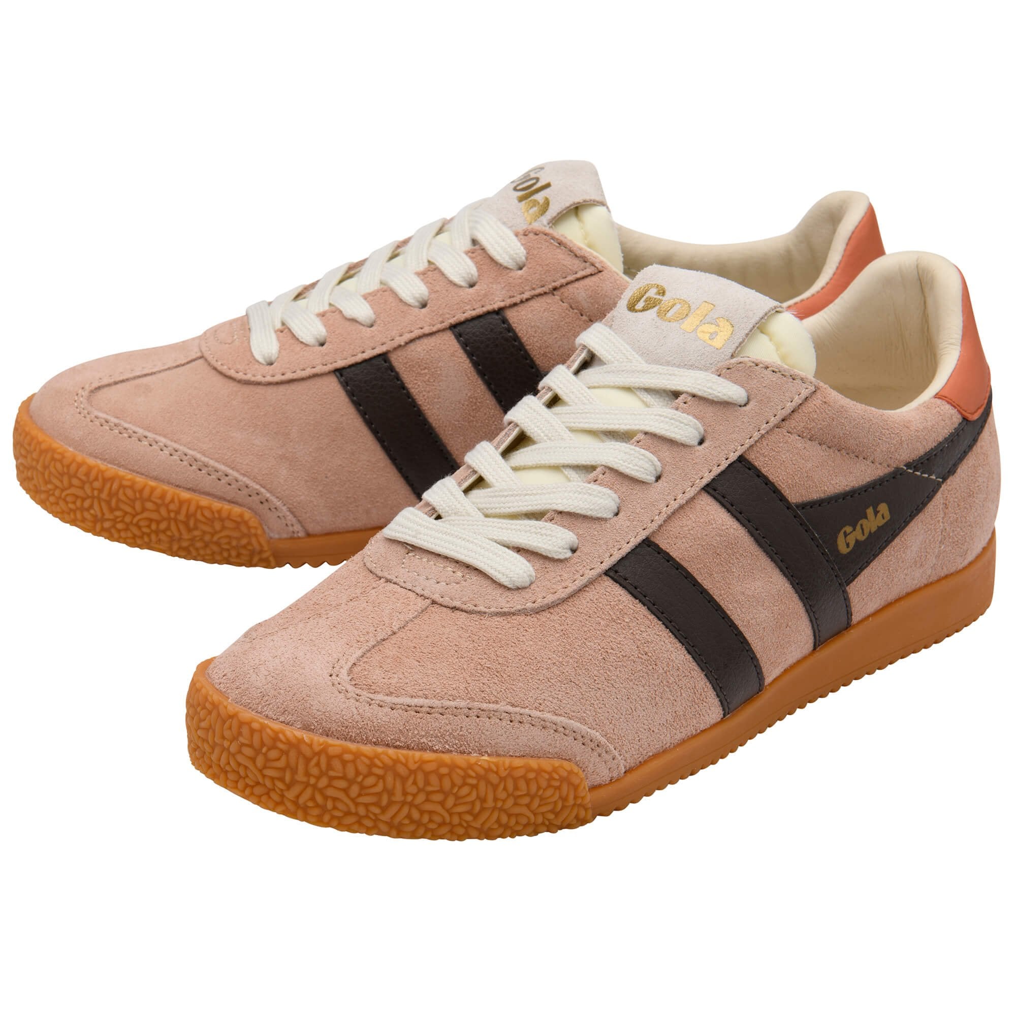 Pair of pink Gola trainers with black stripes and brown soles on a white background