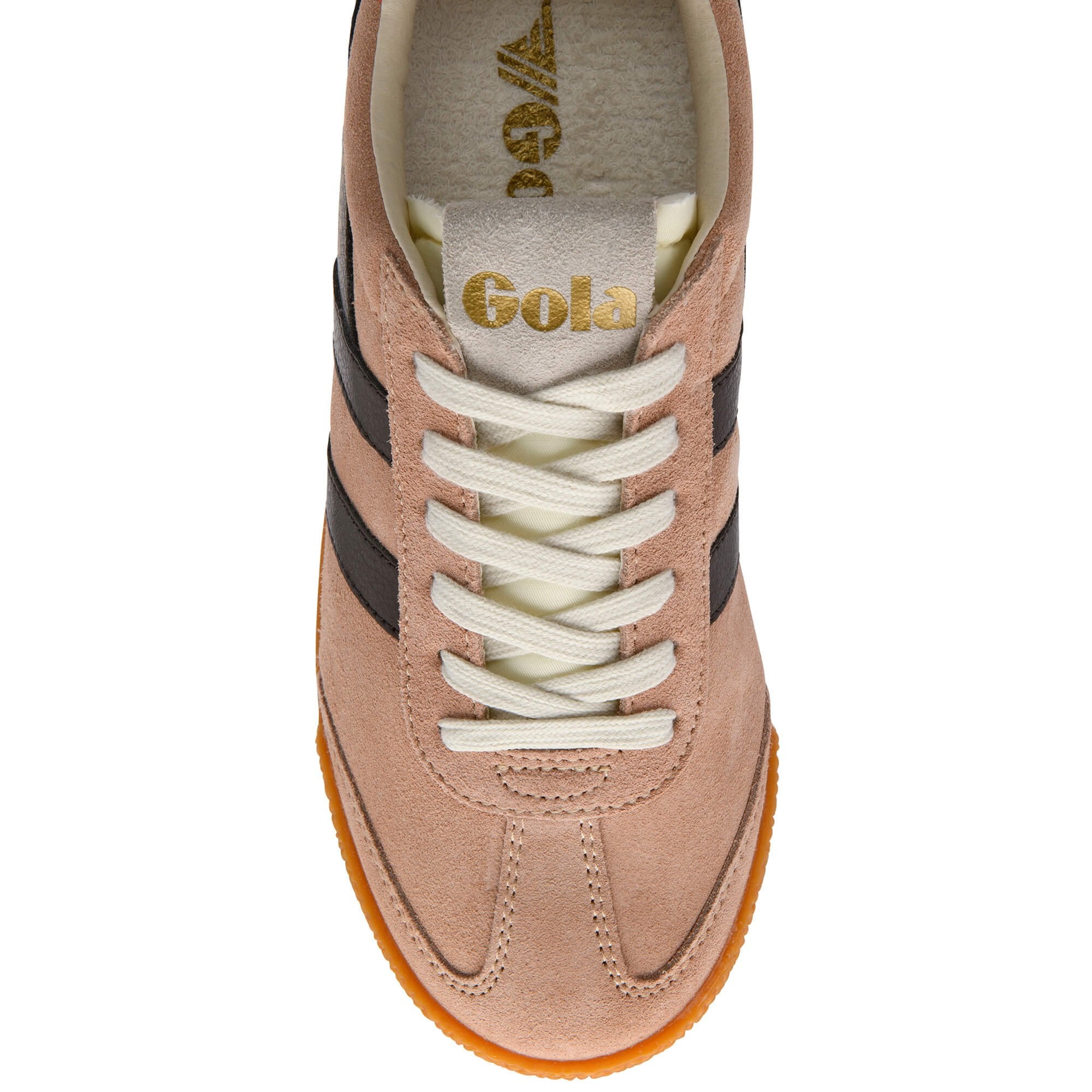 Beige Gola trainer with black stripes and white laces on a white background